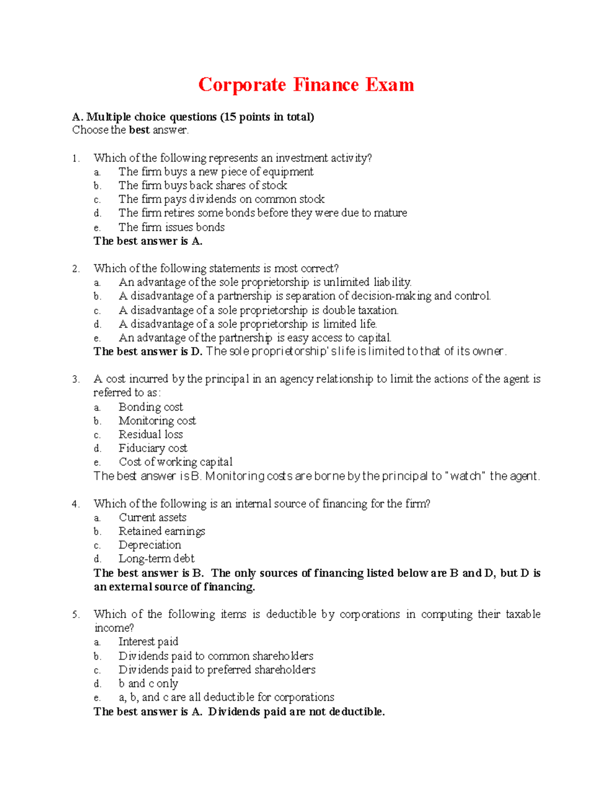 Corporate Finance Final Exam - MCQs and Short Answers - Studocu