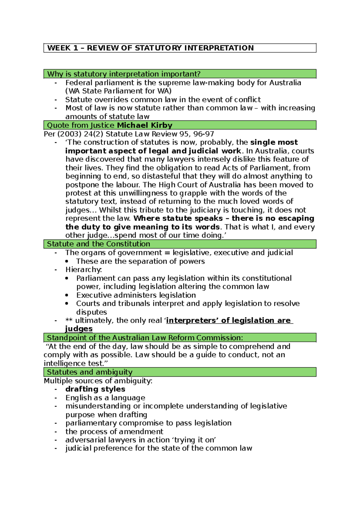 Week 1 Review: Importance of Statutory Interpretation in Law - Studocu