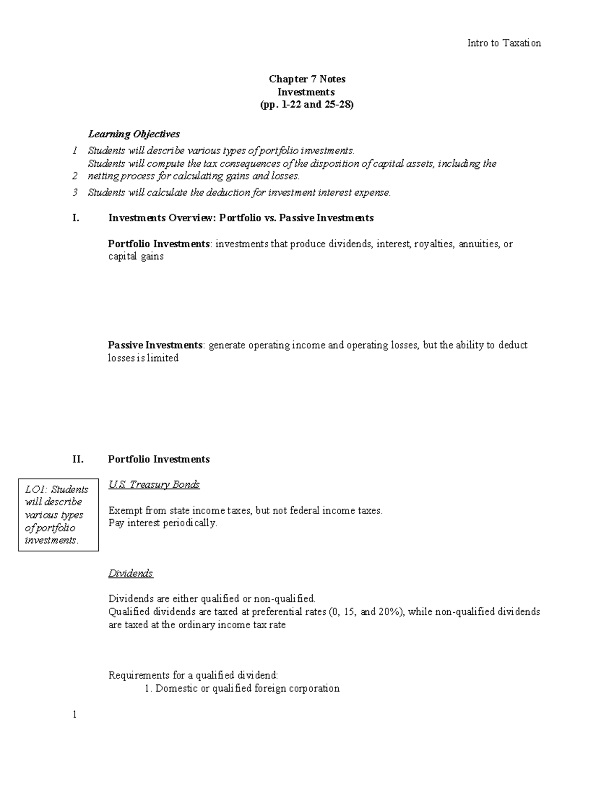 Intro to Taxation 4353 26SP Chapter 7 Notes on Investments and Taxation ...