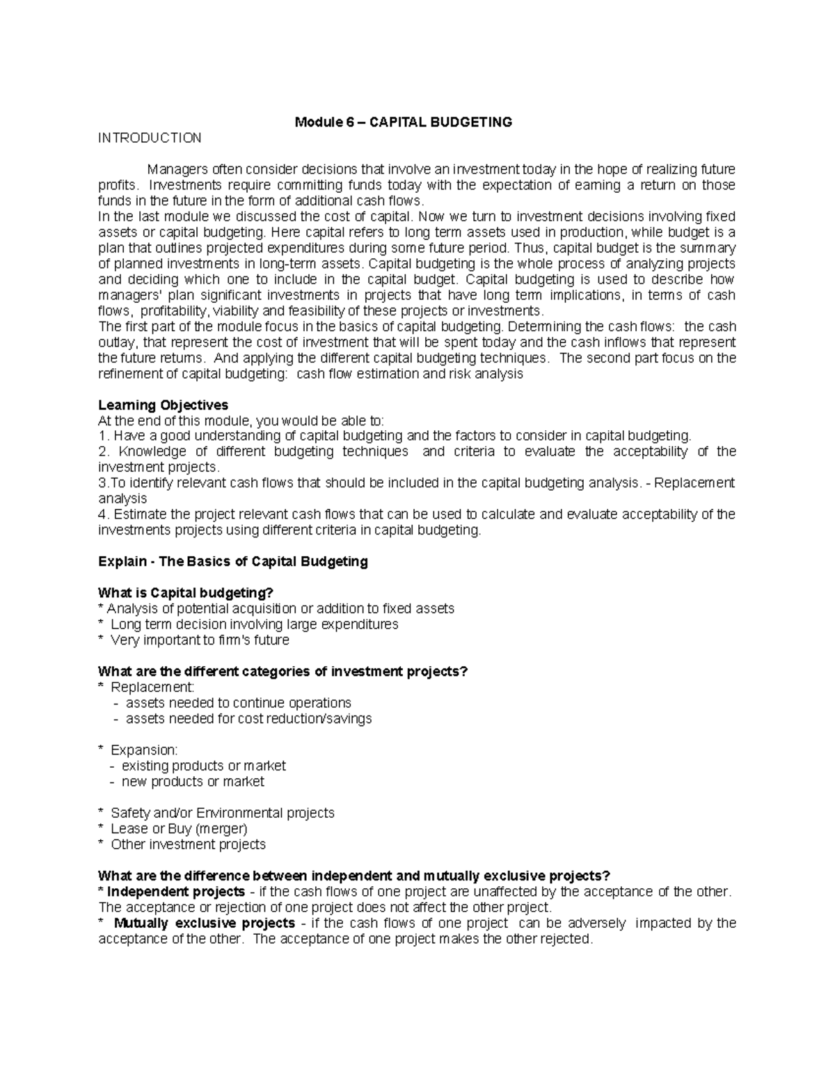 Module 6: Capital Budgeting Techniques and Analysis (FIN 101) - Studocu