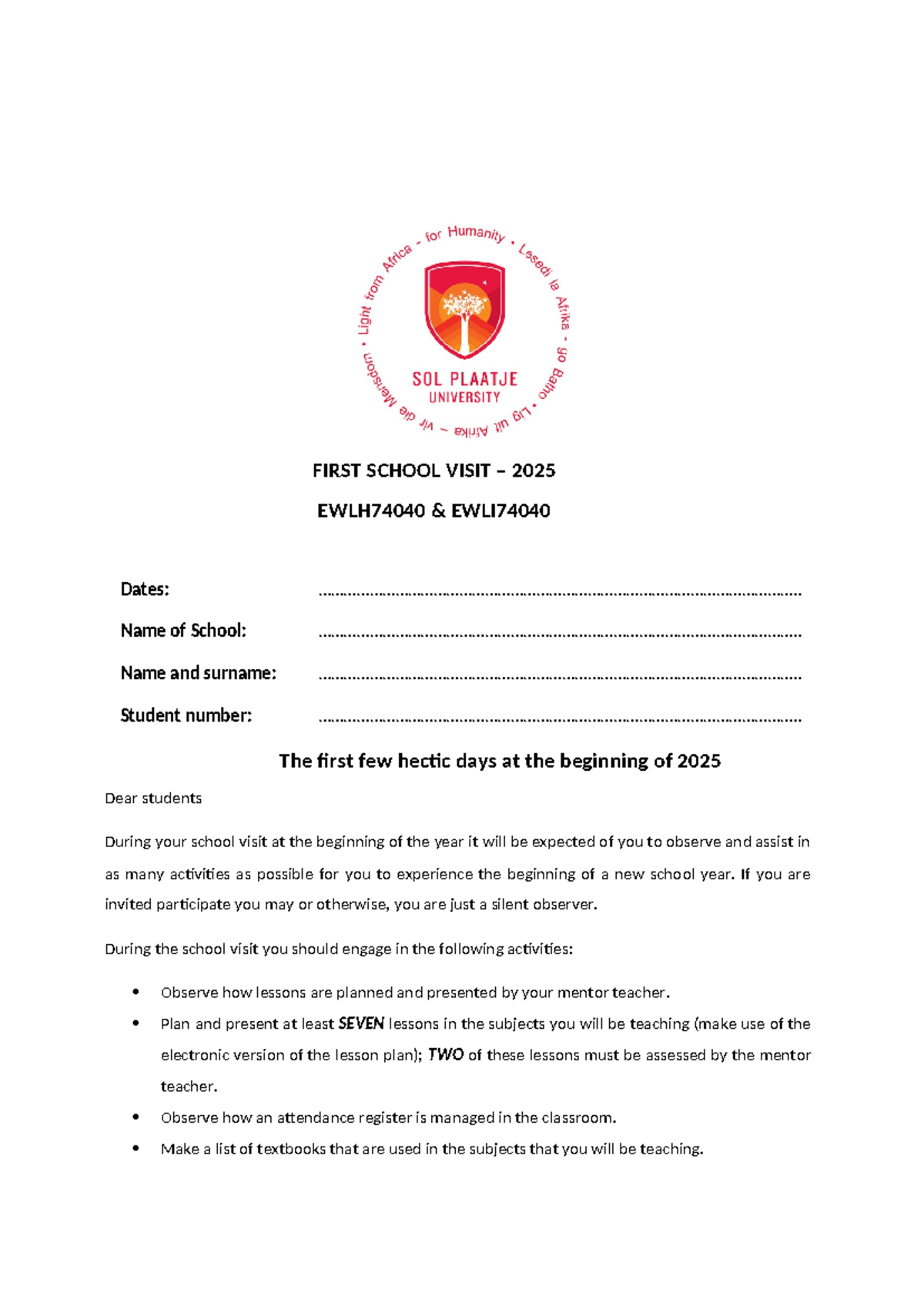 2025 - JAN Visit Assignment - FIRST SCHOOL VISIT – 2025 EWLH74040 ...