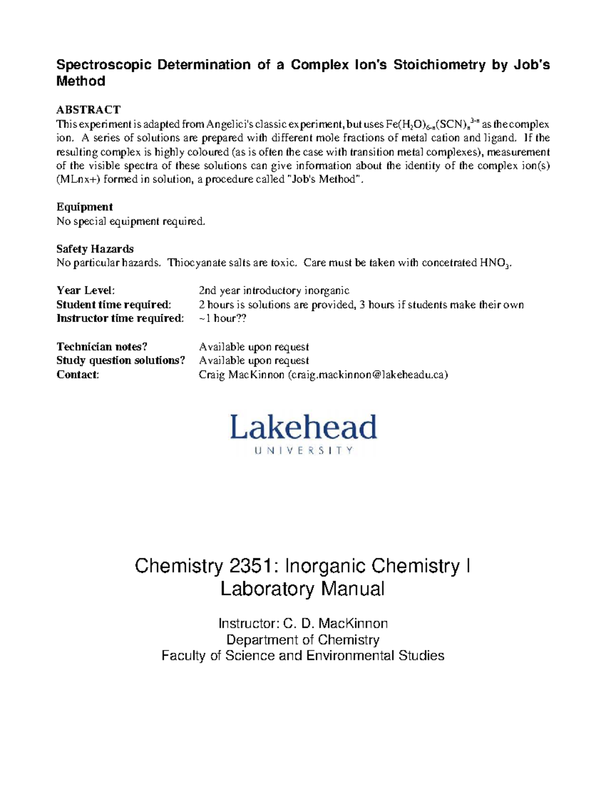 CHEM 2351: Spectrophotometric Analysis of Complex Stoichiometry - Studocu