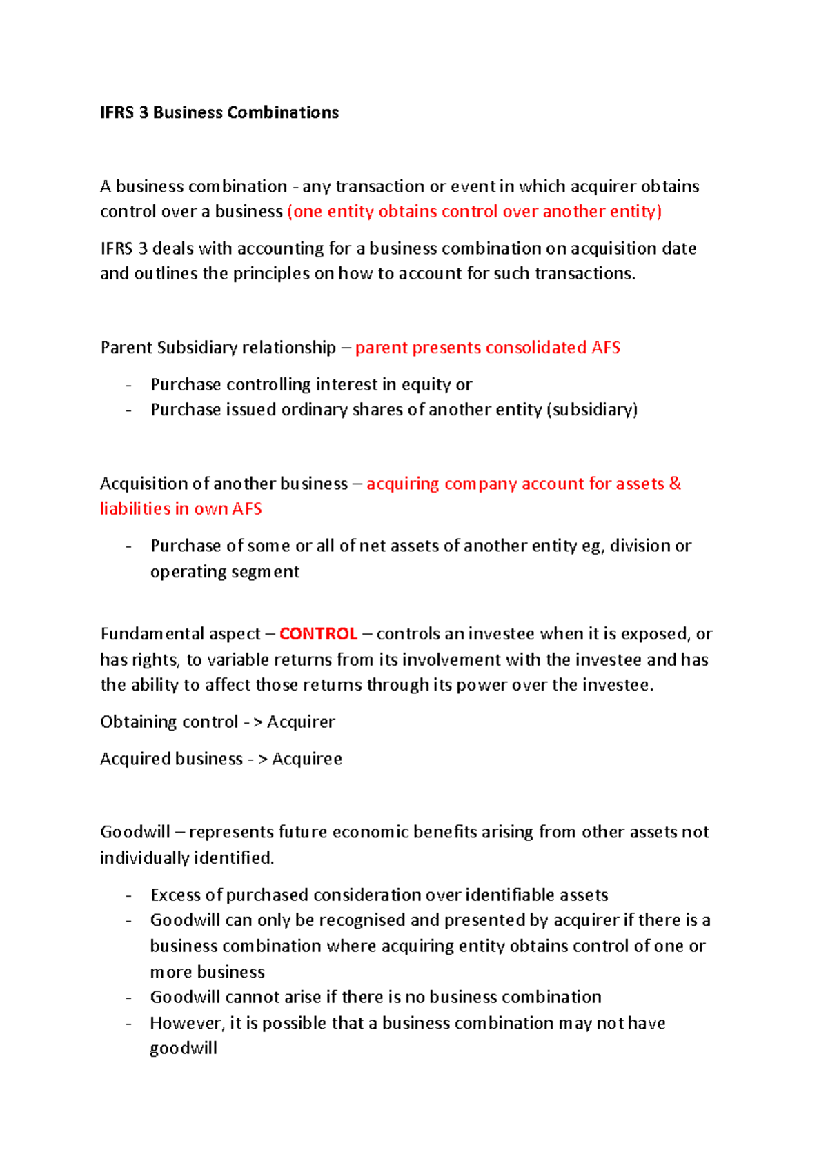 IFRS 3 Business Combinations: Understanding Control and Goodwill - Studocu