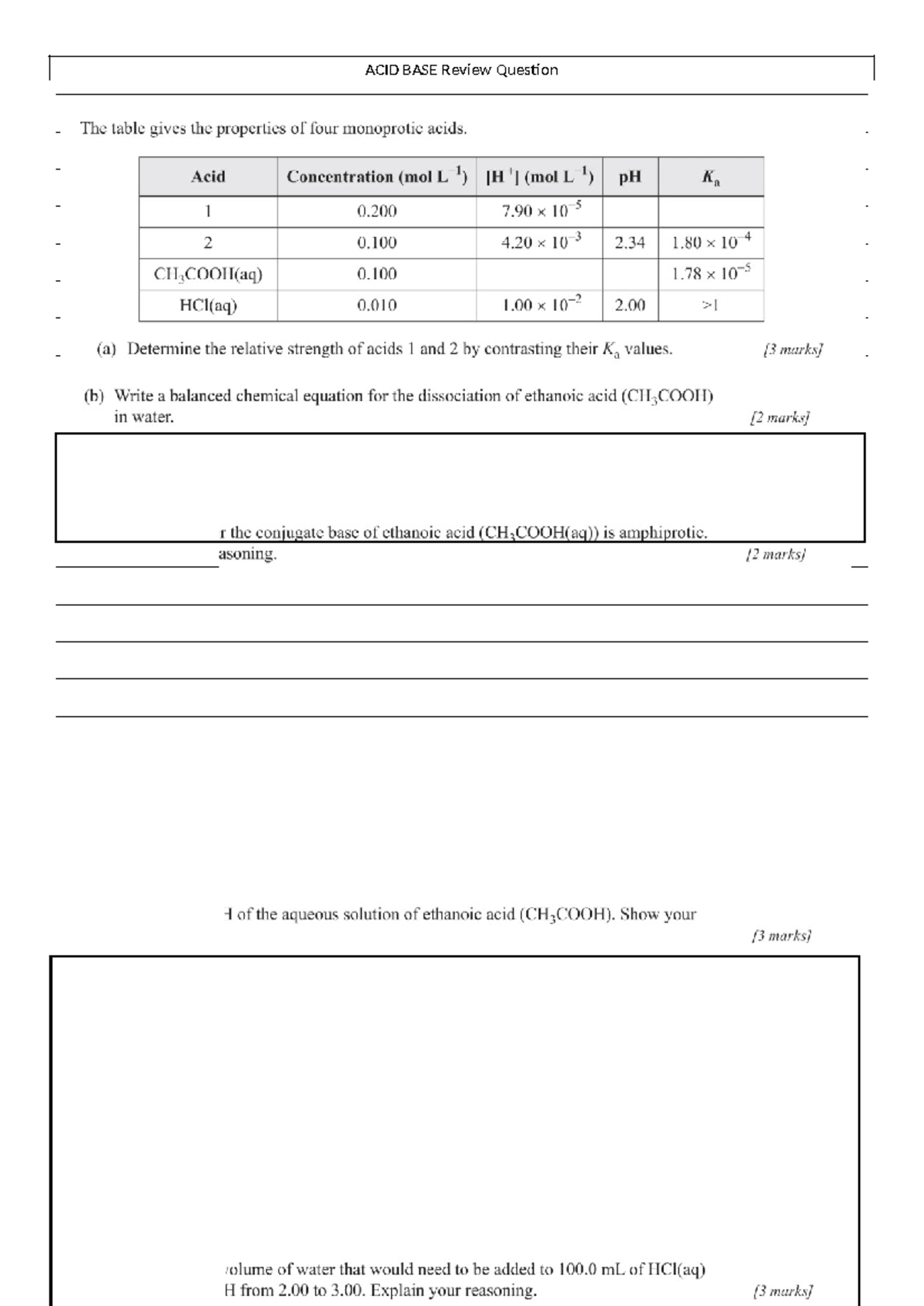 6 - ACID BASE Review Questions on Monoprotic Acids and Strength - Studocu