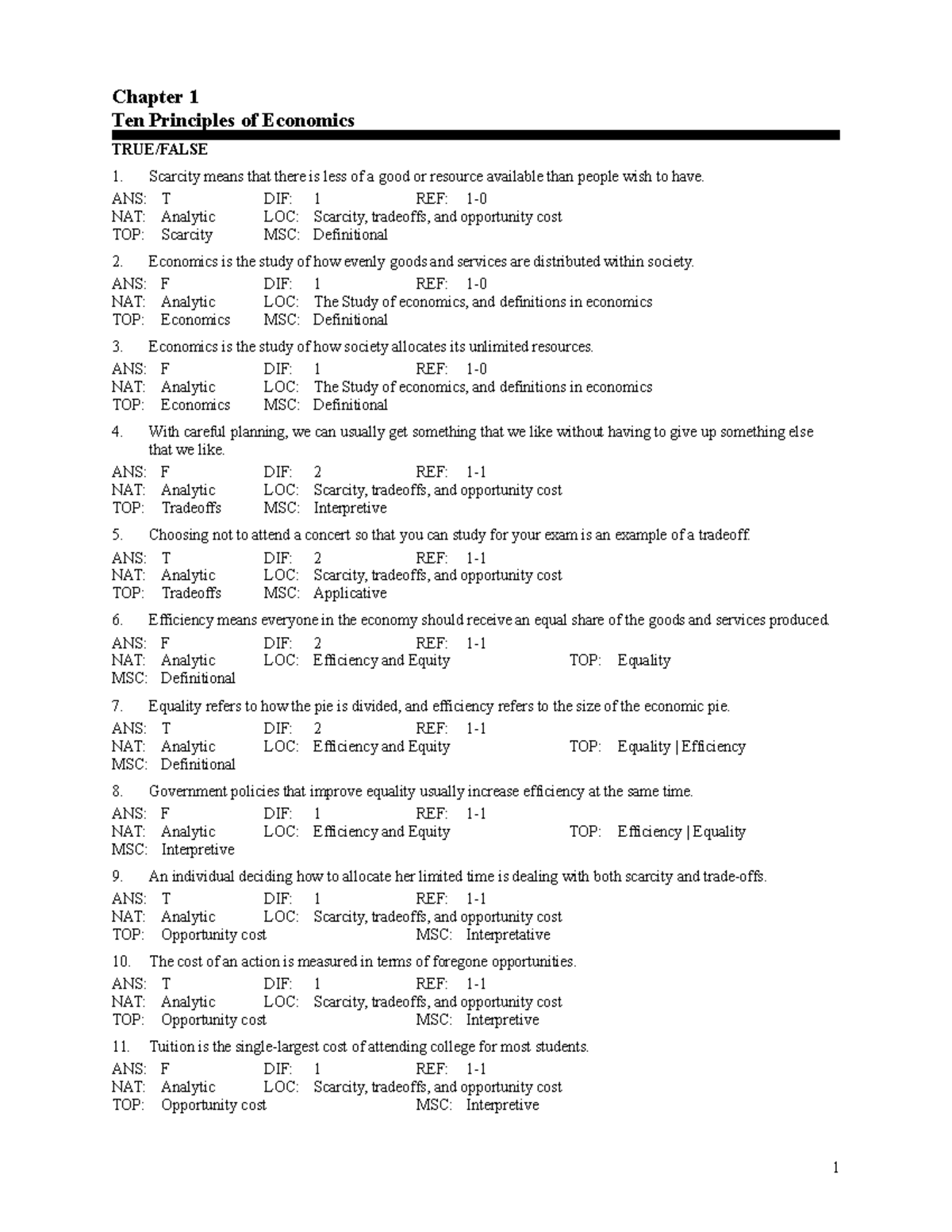 Chapter 1: Ten Principles of Economics - True/False & Multiple Choice ...