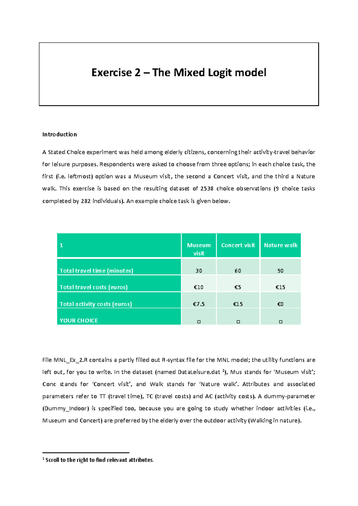 Mixed Logit Model Analysis for Leisure Activity Choices (Exercise 2 ...