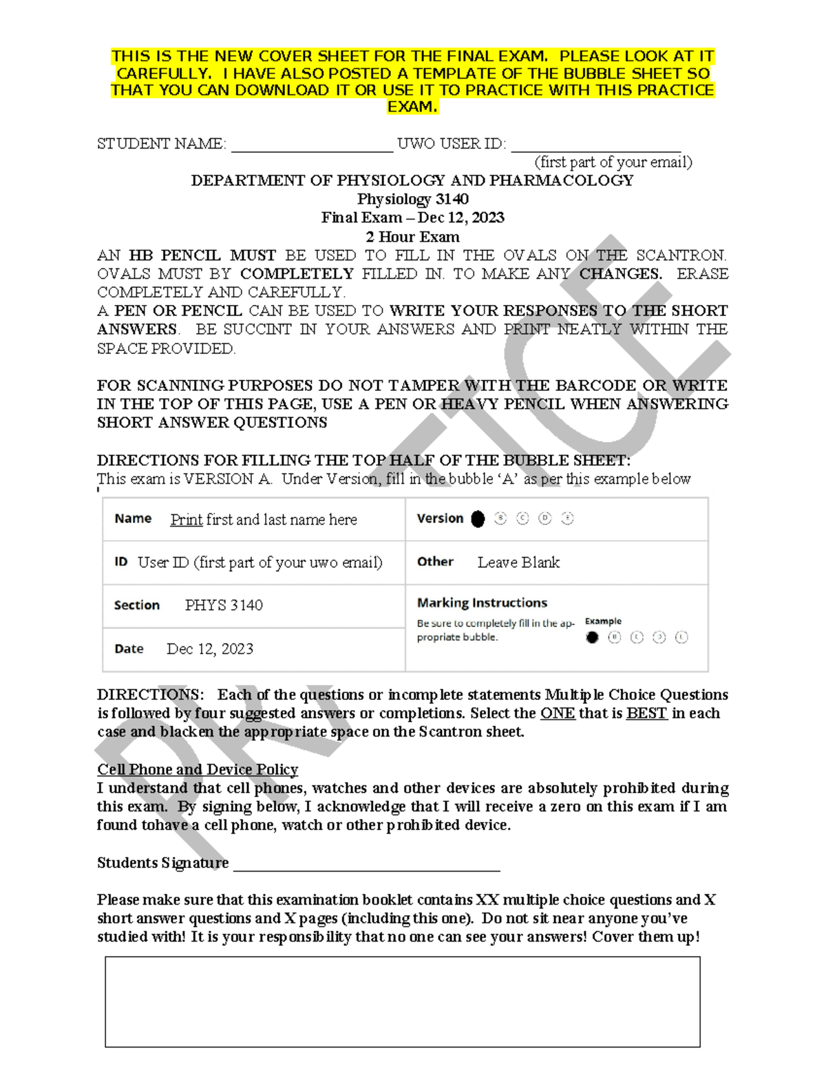 PHYS 3140 Final Exam Practice Cover Sheet and Instructions - Studocu
