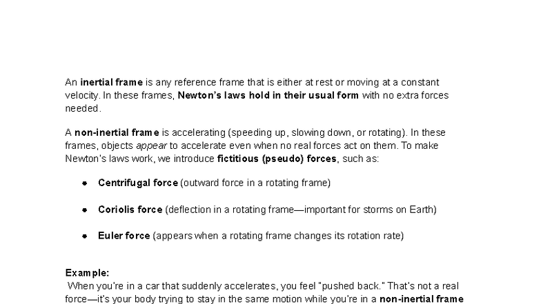 Physics 101: Inertial and Non-Inertial Frames Notes - Studocu