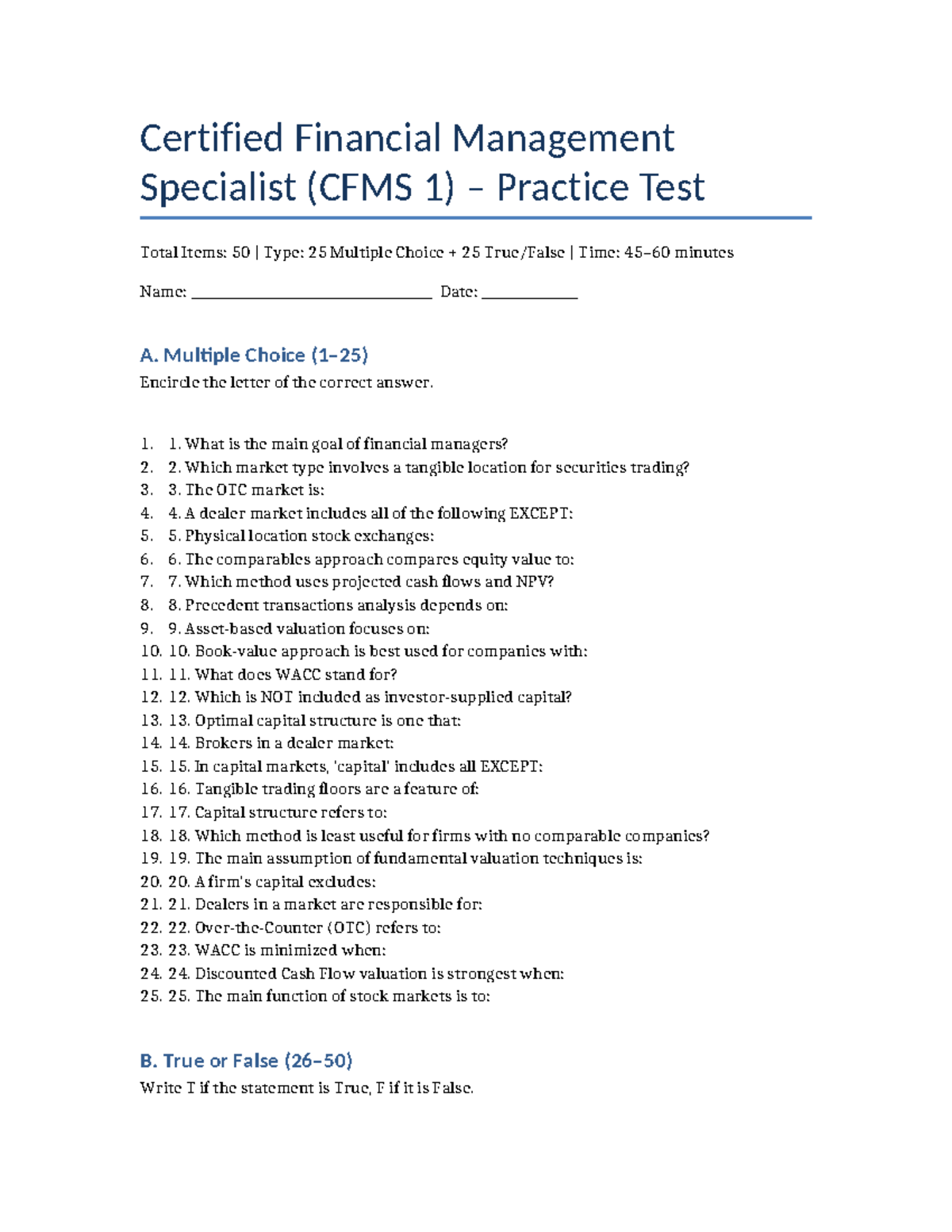 CFMS 1 Practice Test: 50 Questions on Financial Management - Studocu