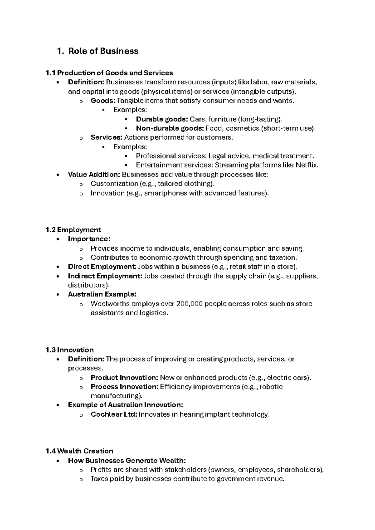 Nature of Business Notes - 1. Role of Business 1 Production of Goods ...