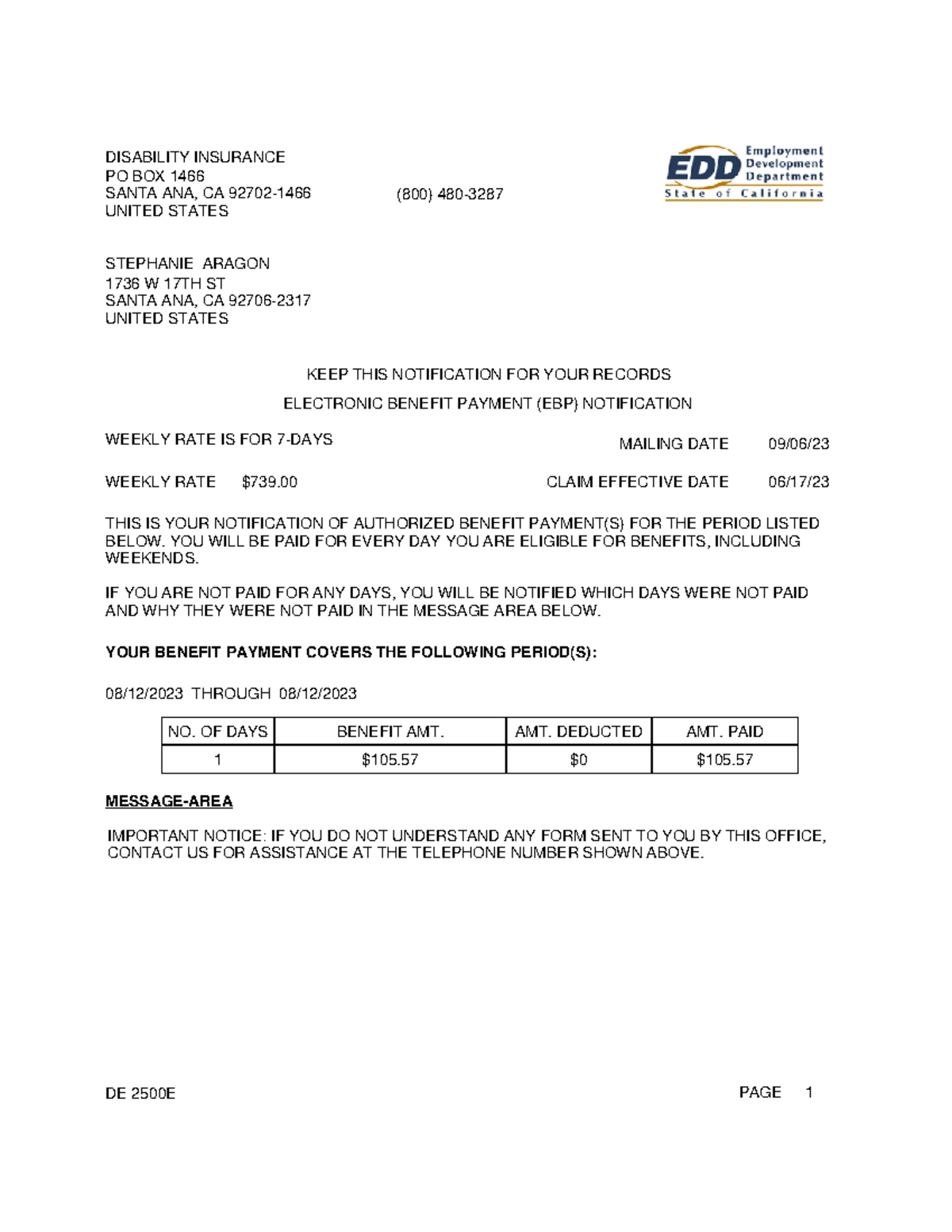 DE2500E - Electronic Benefit Payment (EBP) Notification Details - Studocu
