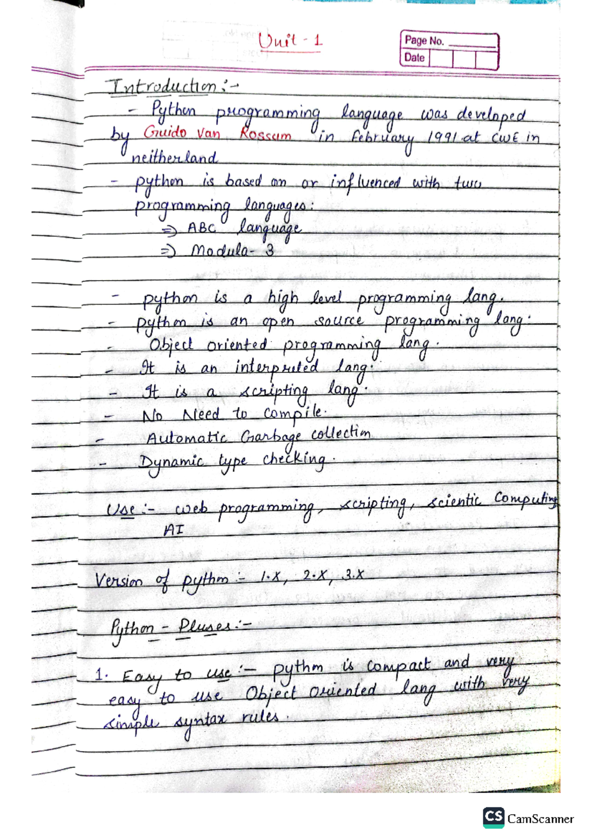 CS Python Unit 1 Notes: Introduction to Python Programming - Studocu