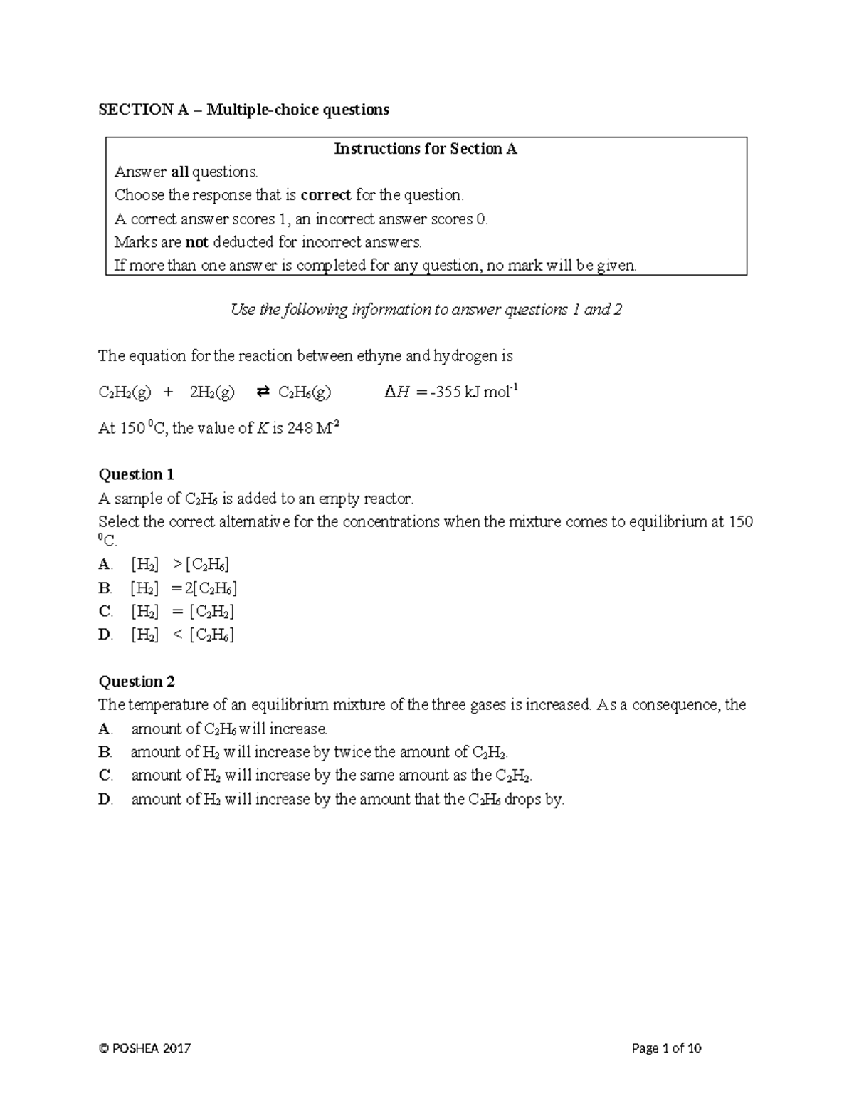Equilibrium Topic Test - POSHEA 2017 Chemistry Key Topics - Studocu