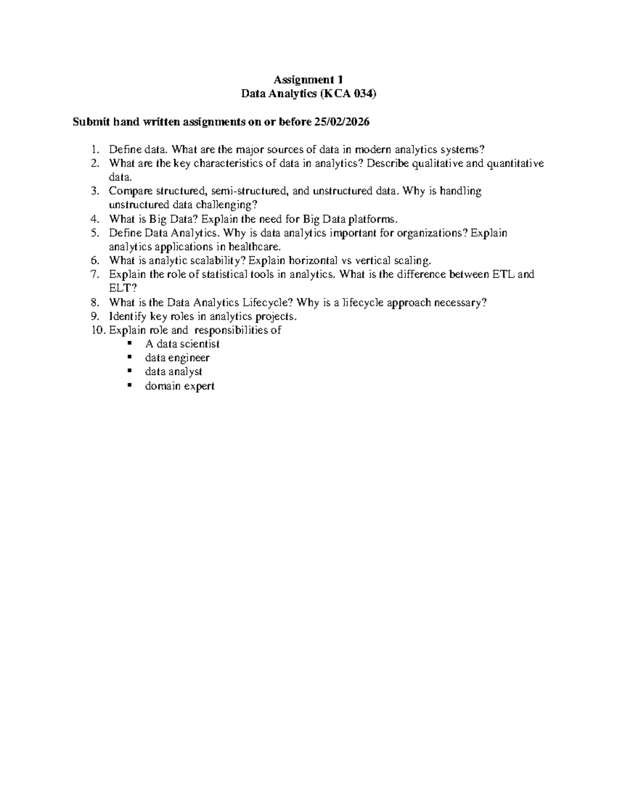 KCA 034 Assignment 1: Data Analytics Concepts and Applications - Studocu