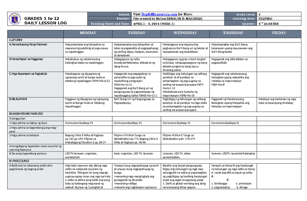 DLL Filipino 5 Q4 W1 - DDFSFDVXC - GRADES 1 to 12 DAILY LESSON LOG ...