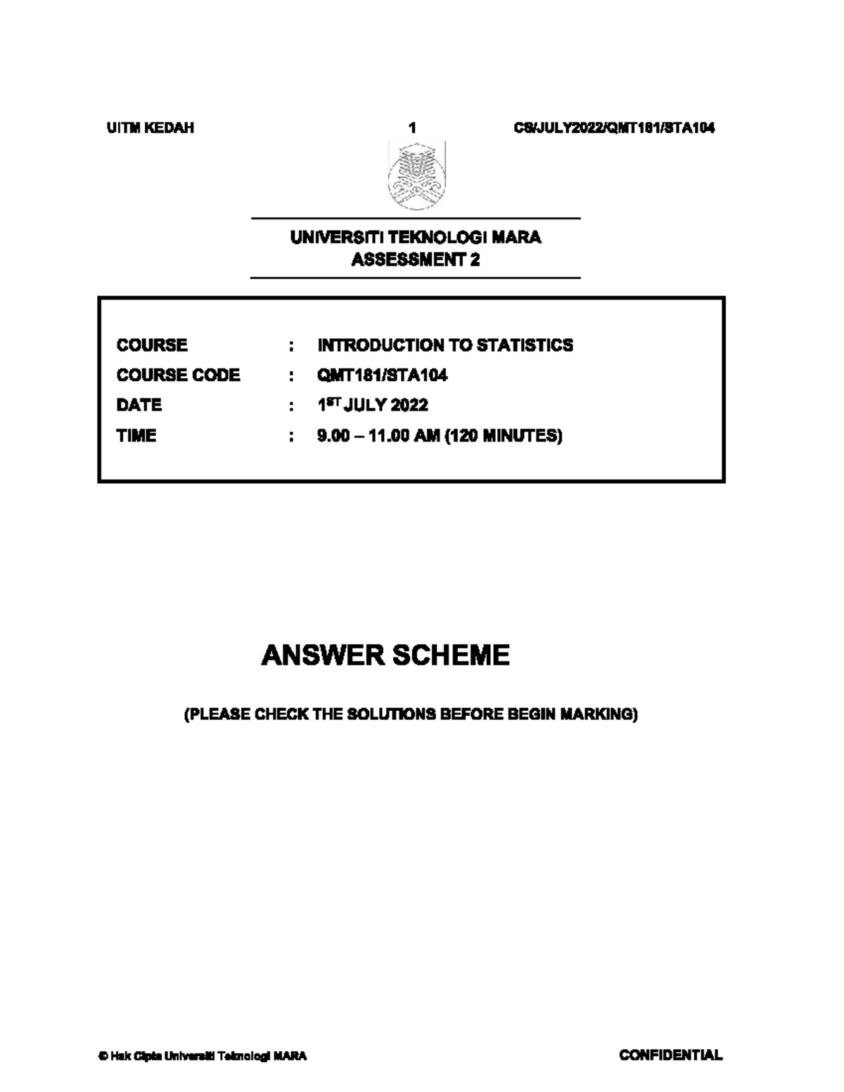 Jawapan STA104 Assessment 2: Introduction to Statistics Solutions - Studocu