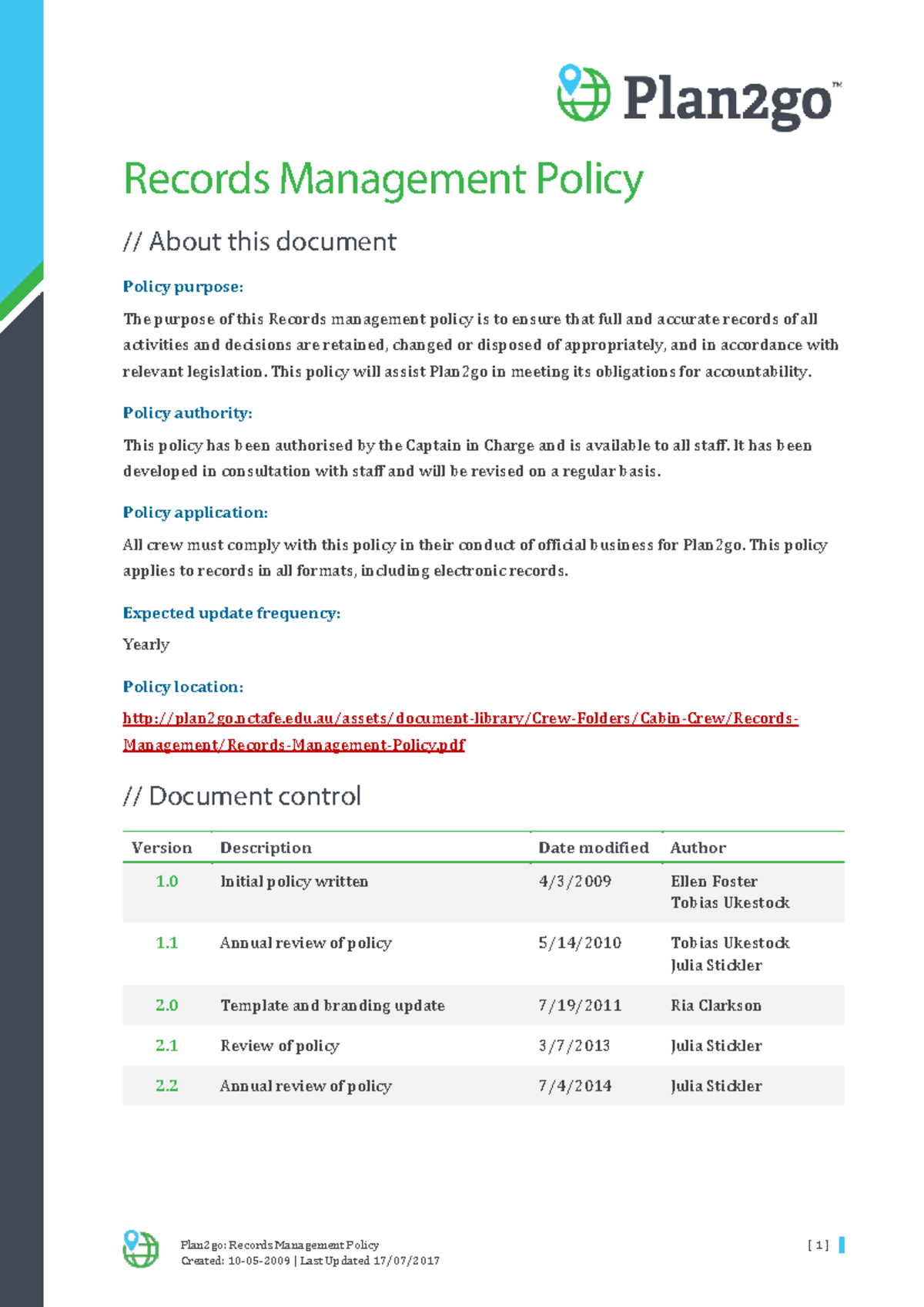 Plan2go Records Management Policy Overview and Procedures - Studocu