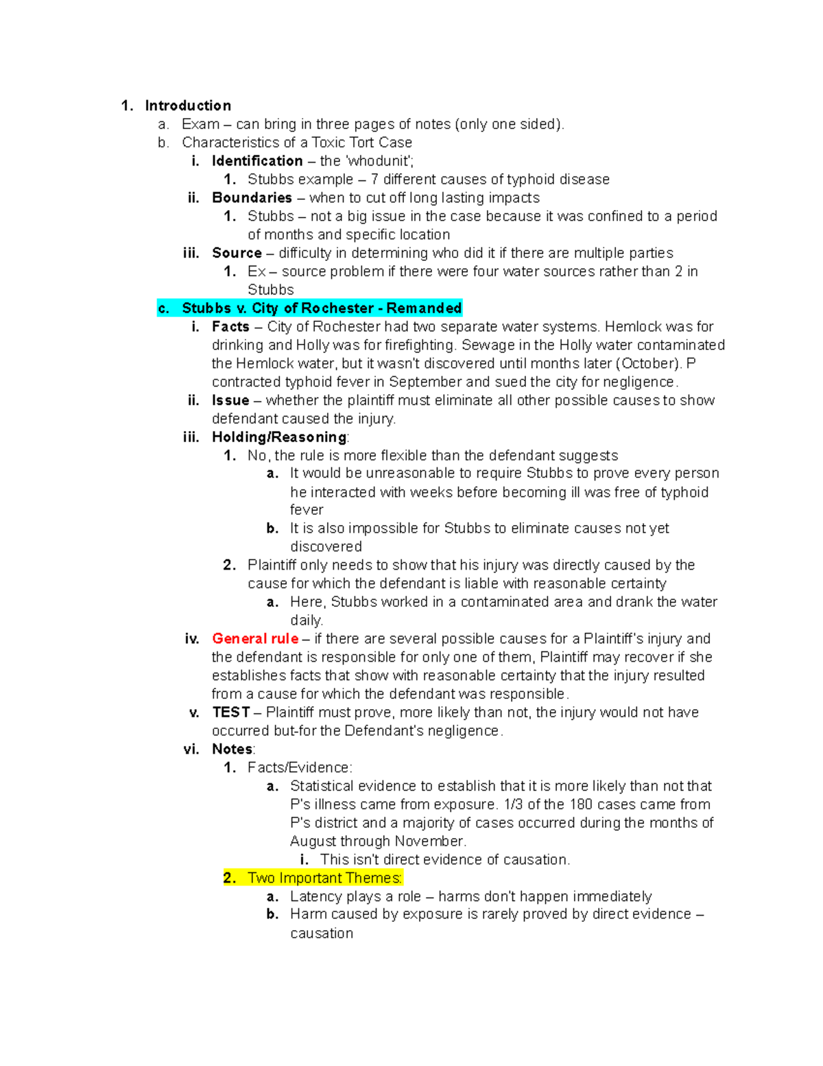 Toxic Torts Outline for LAW 301: Key Case Studies & Principles - Studocu