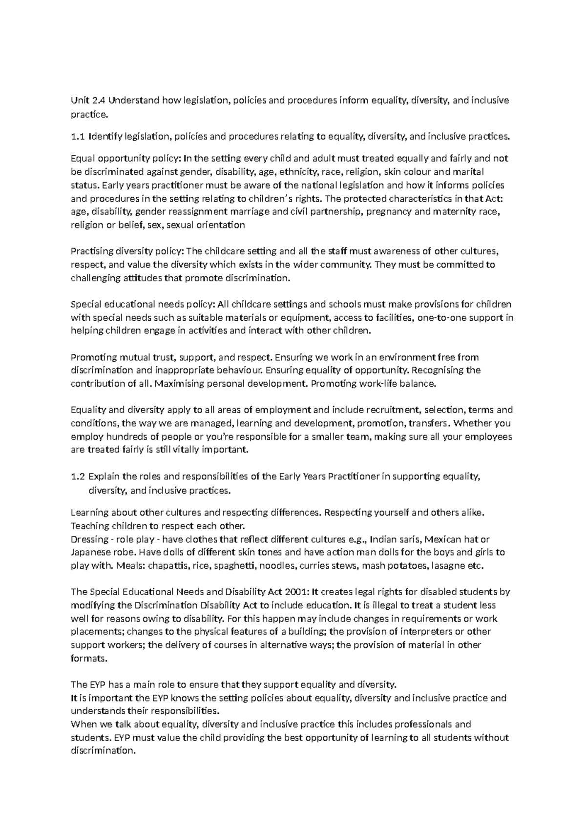 Unit 2.4: Understanding Legislation and Policies for Equality ...