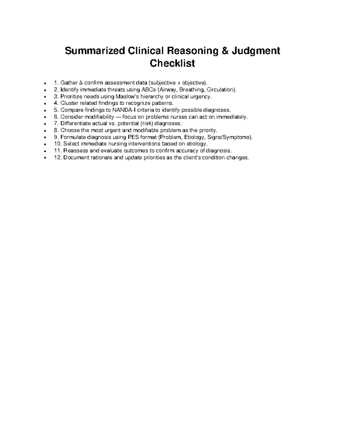 NUR 101: Summarized Clinical Reasoning Judgment Checklist - Studocu