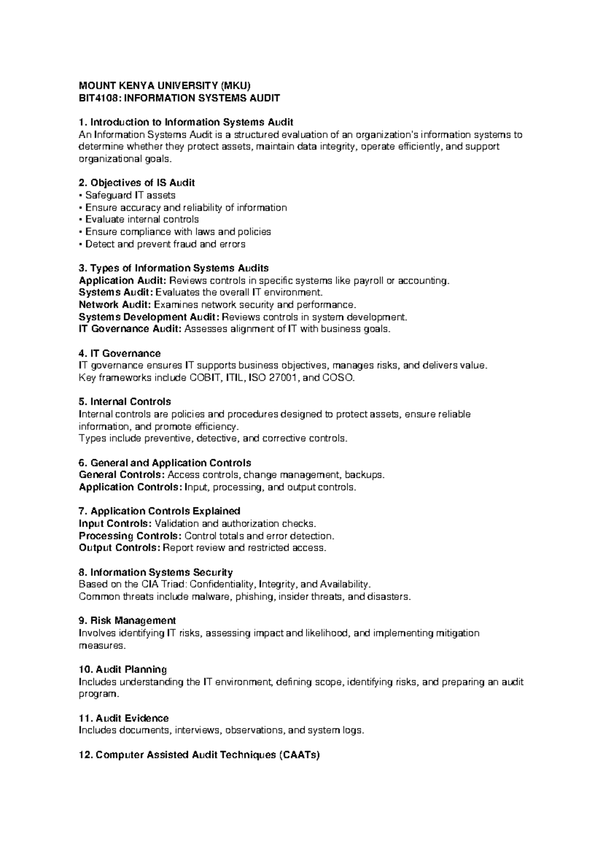 BIT4108: Information Systems Audit Notes for MKU Students - Studocu
