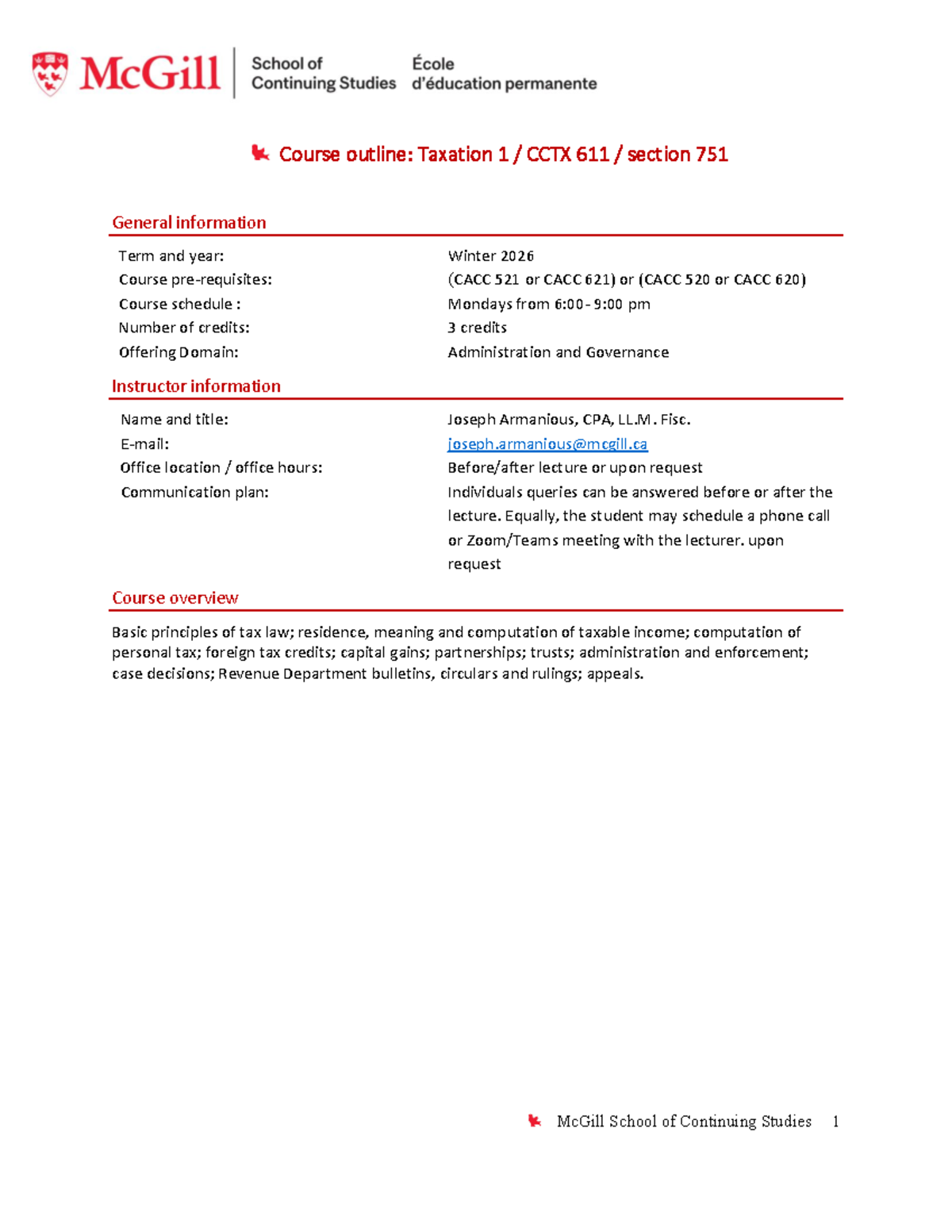 CCTX 611 - Winter 2026 - Taxation 1 Course Syllabus - Studocu