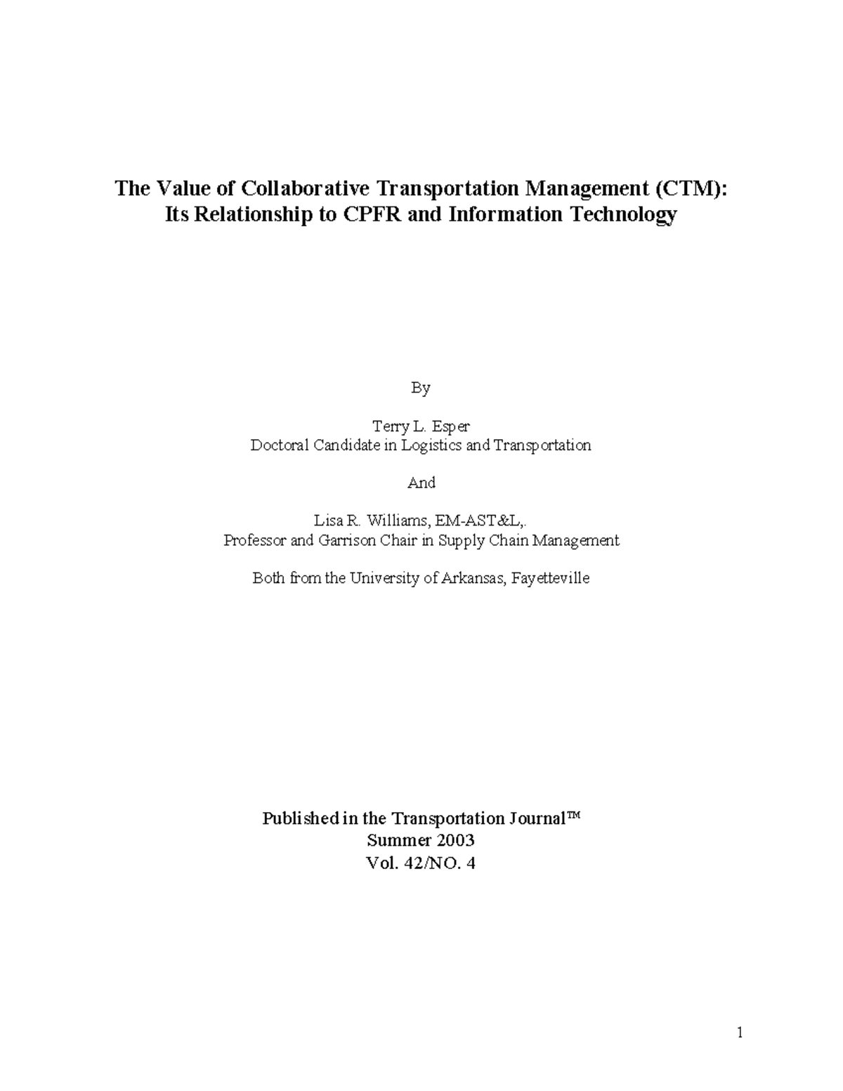 The Value of Collaborative Transportation Planning - Its relation to ...