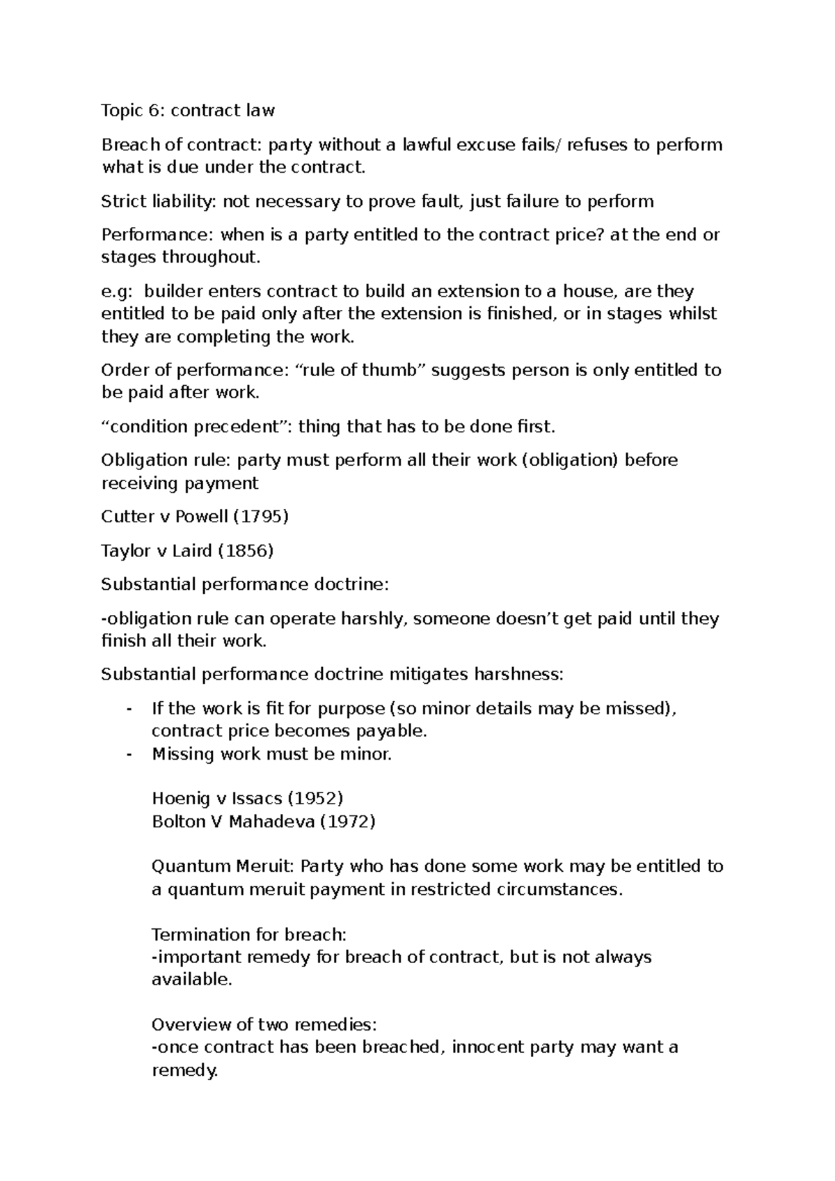 Topic 6: Contract Law - Breach, Performance, and Remedies - Studocu