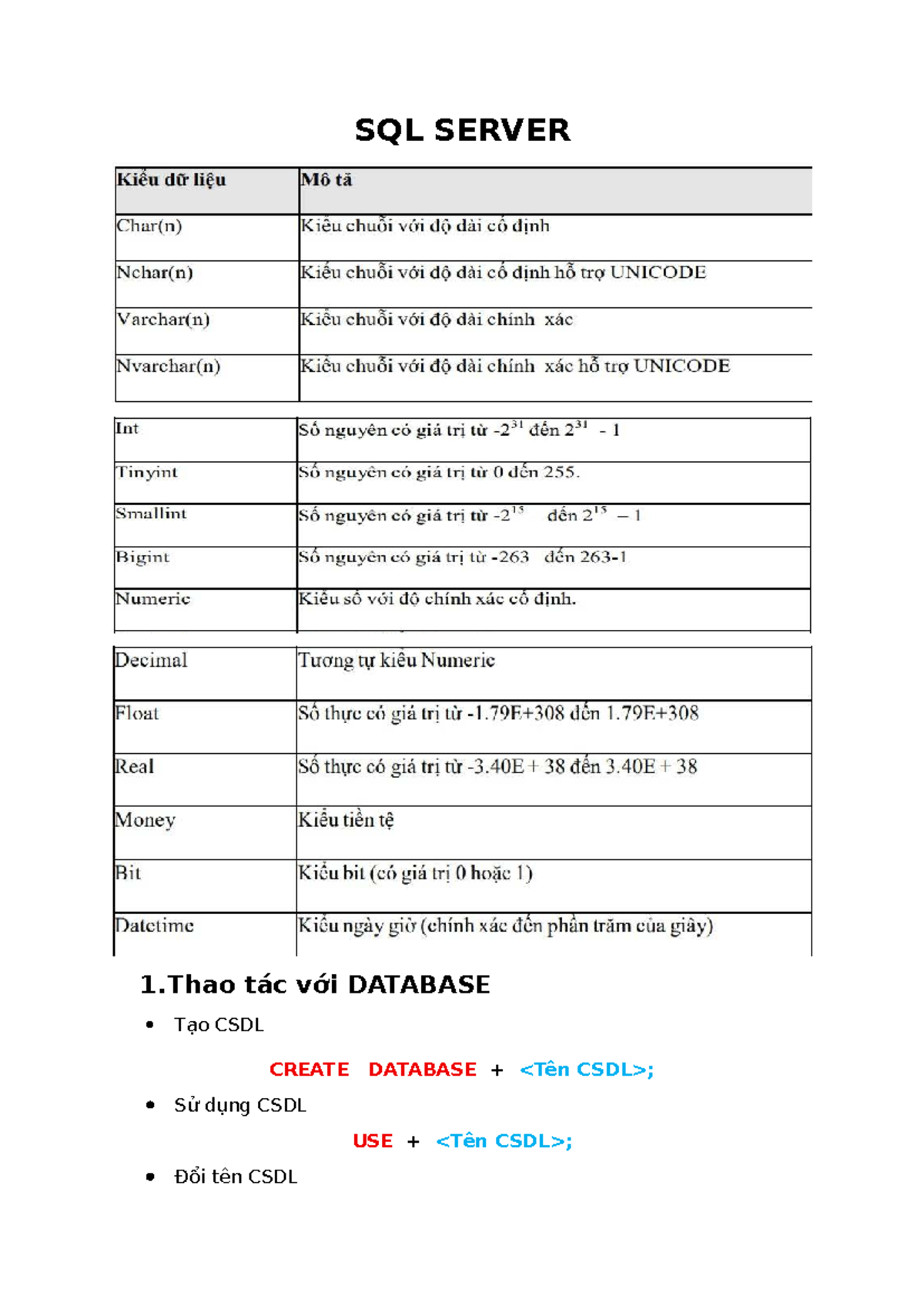 TỔNG HỢP KIẾN THỨC SQL - CSDL & RÀNG BUỘC TOÀN VẸN - Studocu