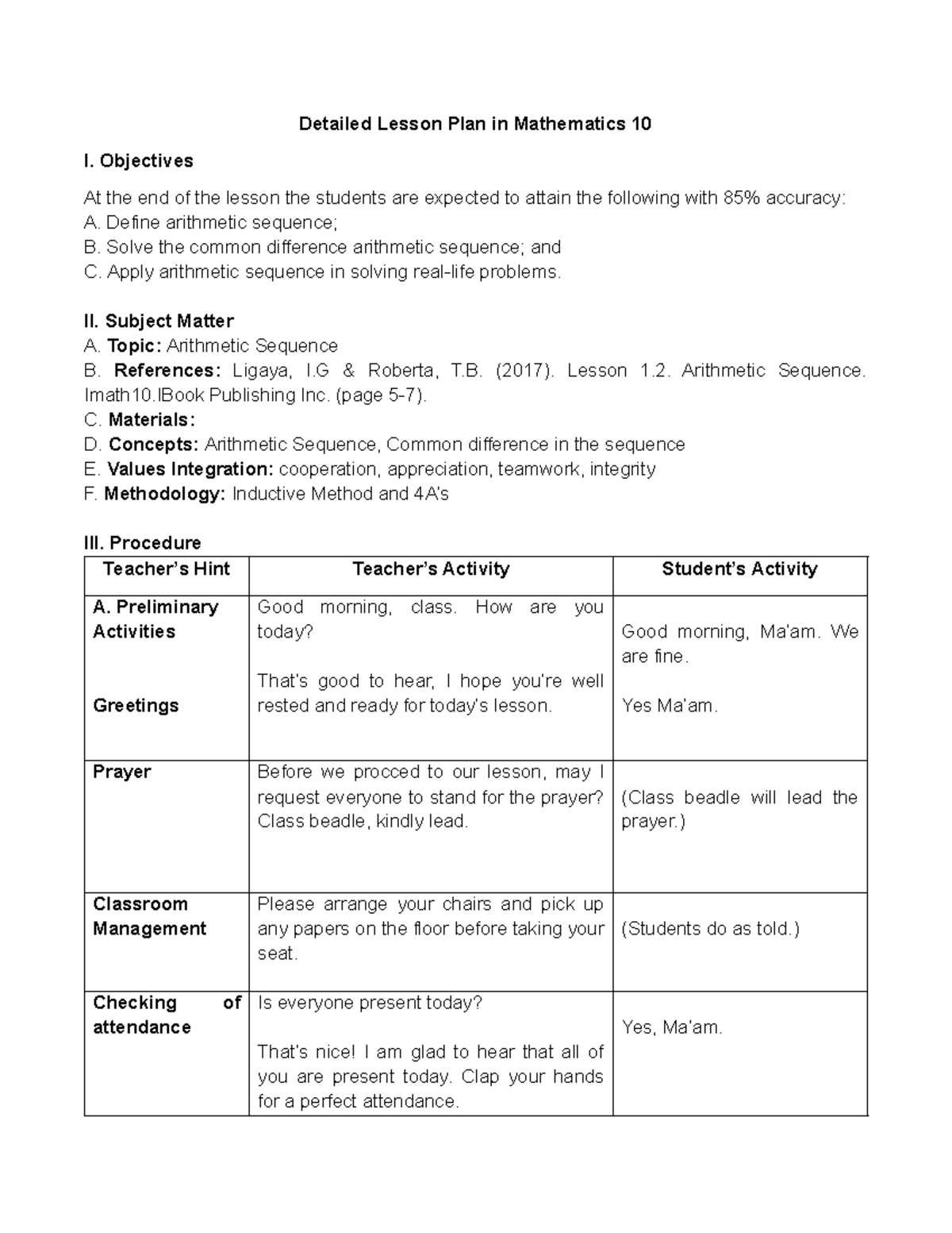 Mathematics 10: Detailed Lesson Plan on Arithmetic Sequences - Studocu