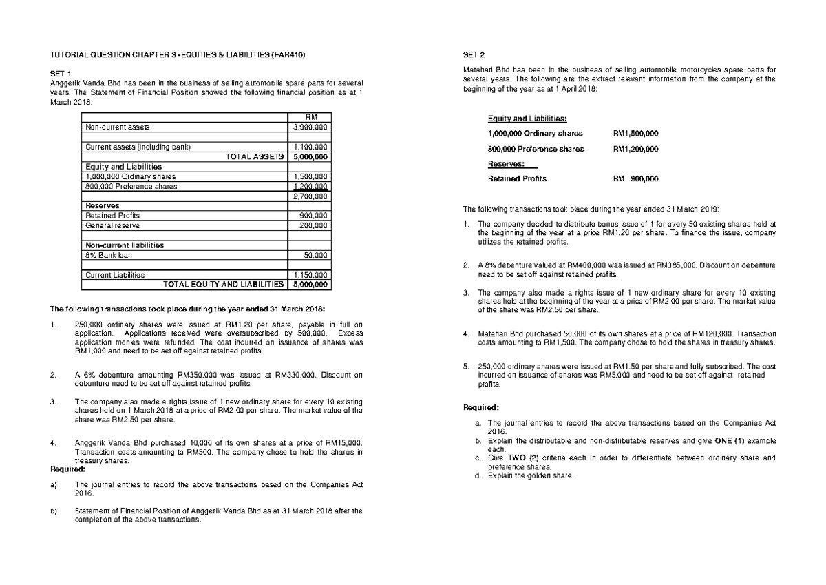 Tutorial Chapter 3 Question - TUTORIAL QUESTION CHAPTER 3 - EQUITIES ...