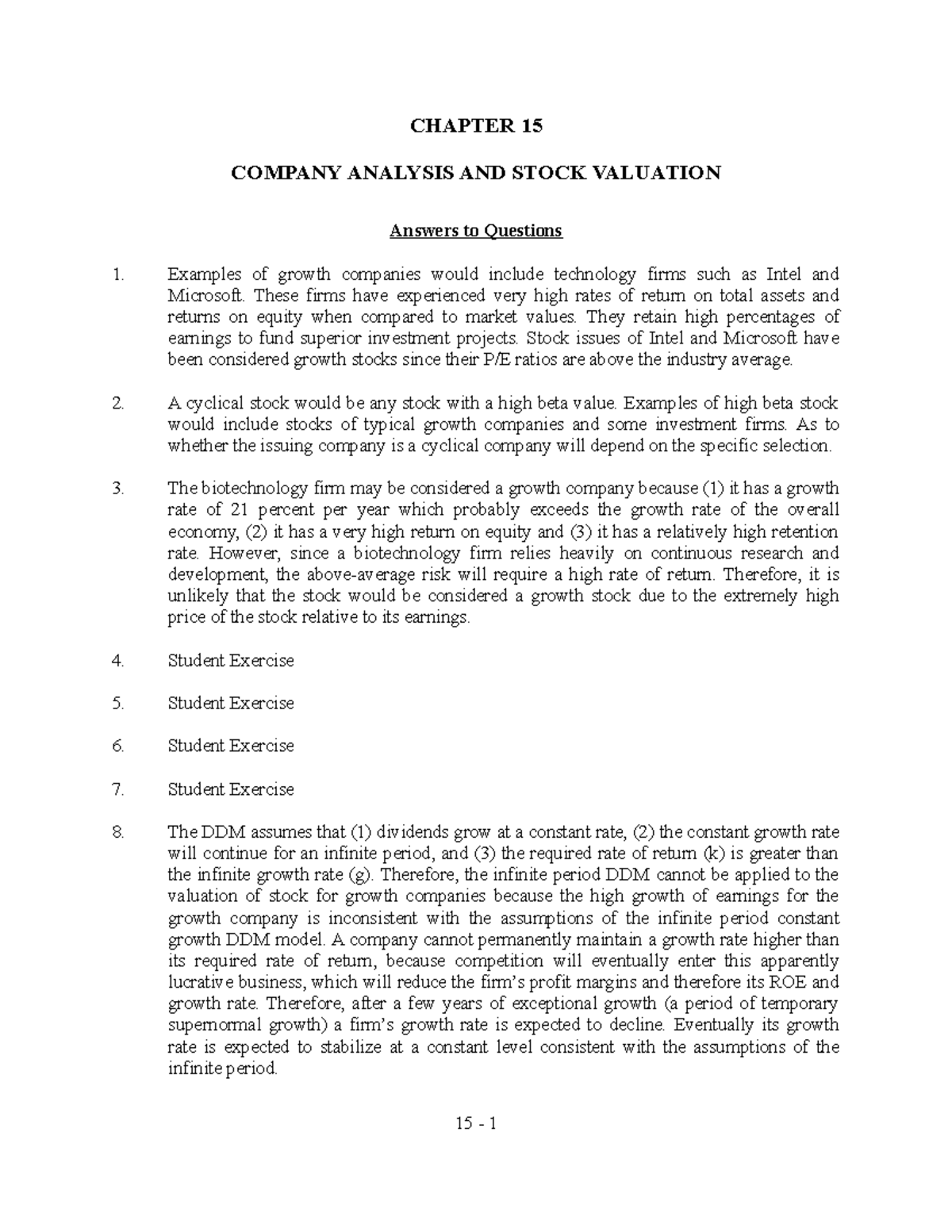 Sm15 - Chapter solutions - CHAPTER 15 COMPANY ANALYSIS AND STOCK ...
