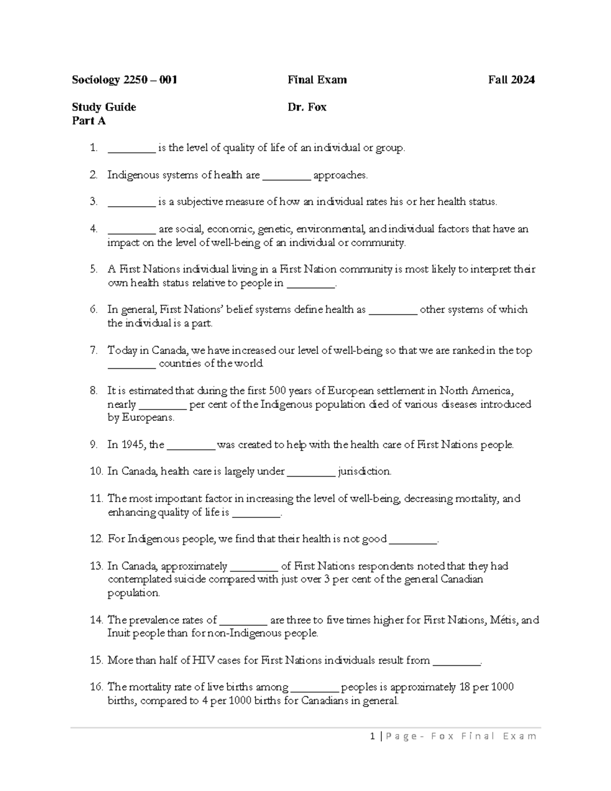 Sociology 2250 Final Exam Study Guide - Dr. Fox, Fall 2024 - Studocu