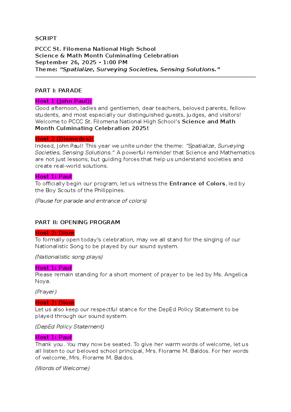 SCRIPT: St. Filomena National High School Science & Math Month ...