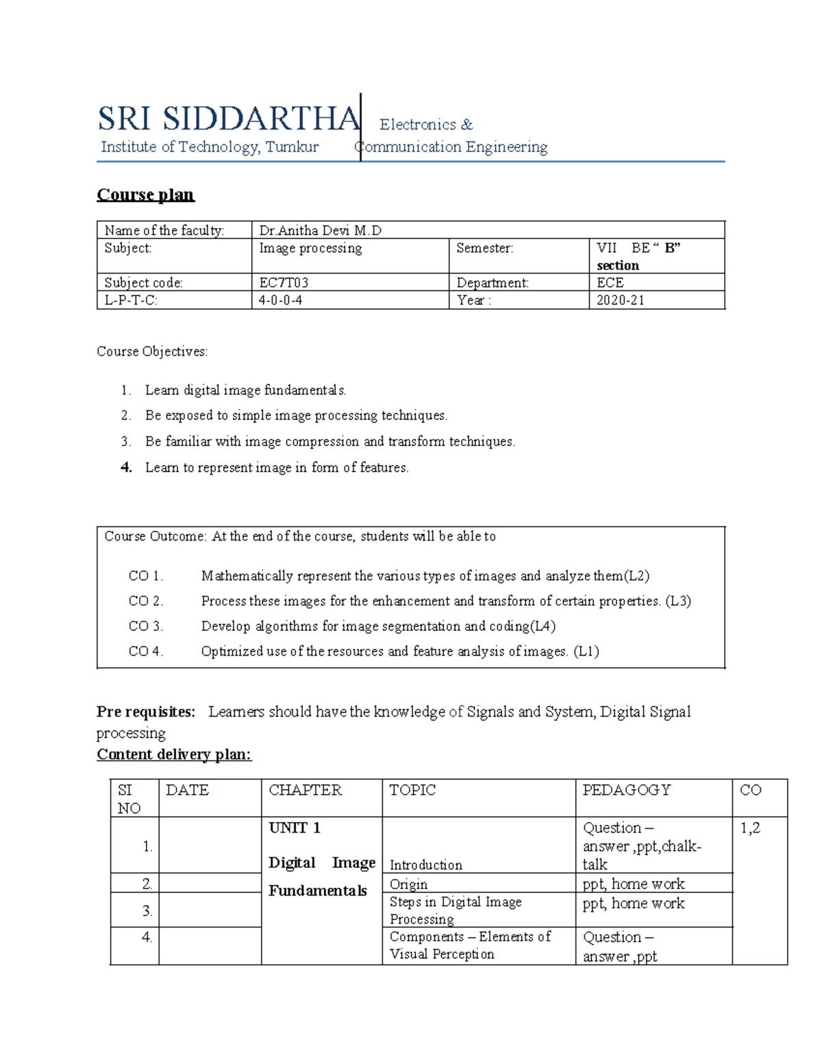 Embedded lesson plan - aaaaaaaa - COURSE PLAN Name of the Faculty: DR ...