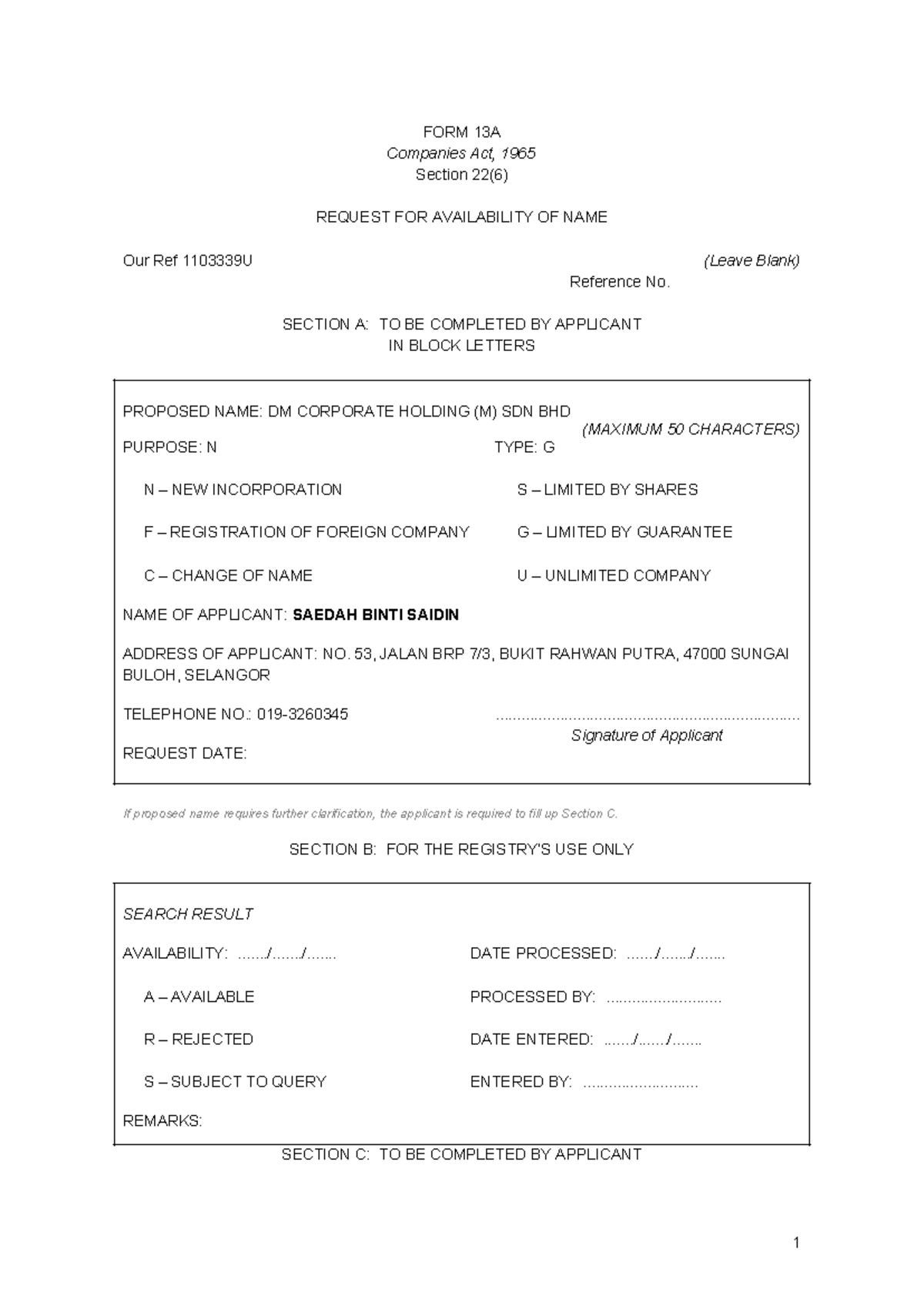 Form 13A - Request for Availability of Name (Companies Act 1965) - Studocu