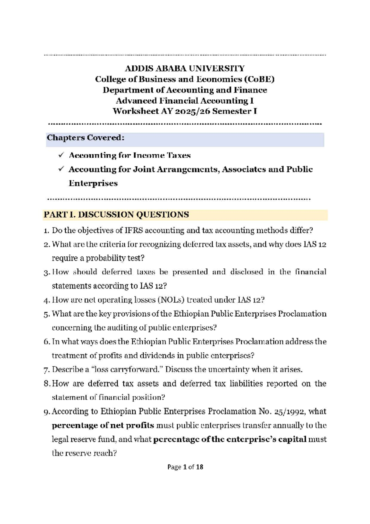 AFA I Worksheet: Advanced Financial Accounting Discussion Questions ...