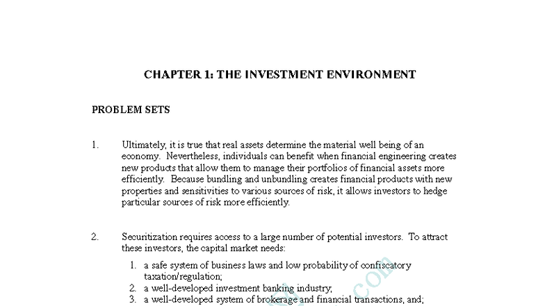 CHAPTER 1: INVESTMENT ENVIRONMENT PROBLEM SETS (BODIE) - Studocu