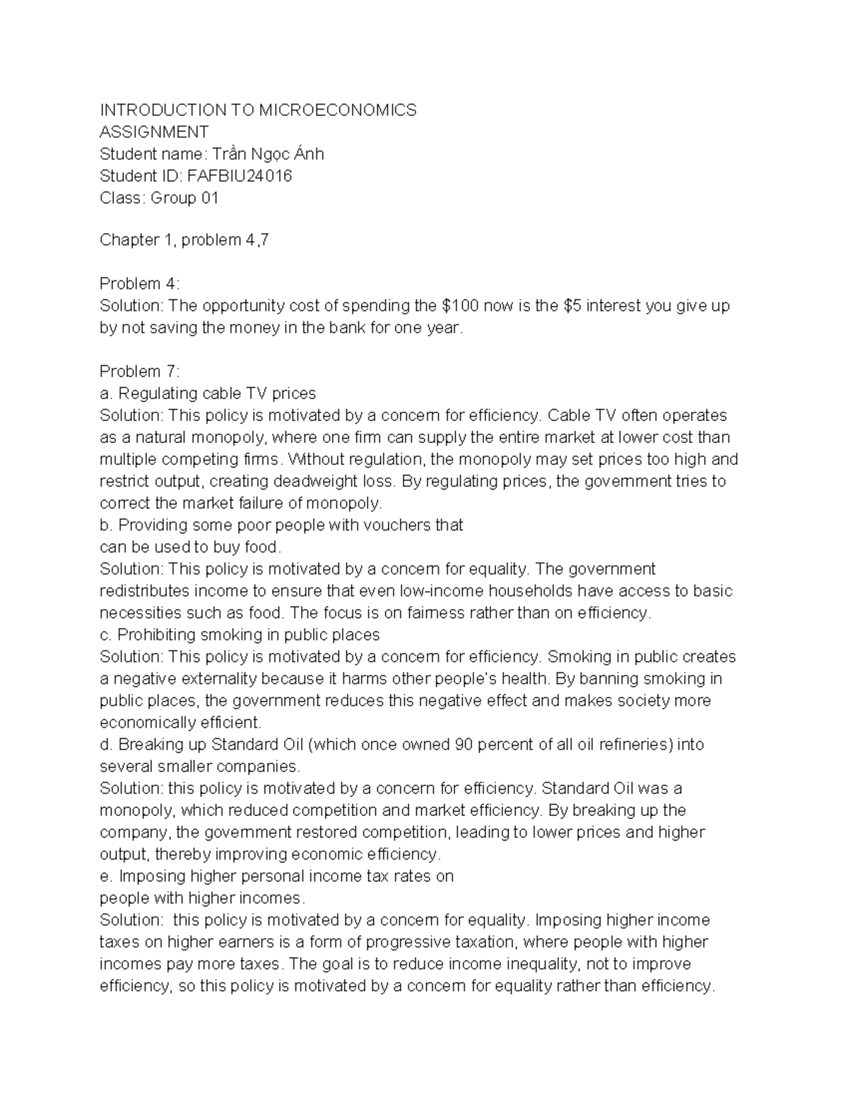 INTRODUCTION TO MICROECONOMICS ASSIGNMENT FAFBIU24016 - Chapter ...