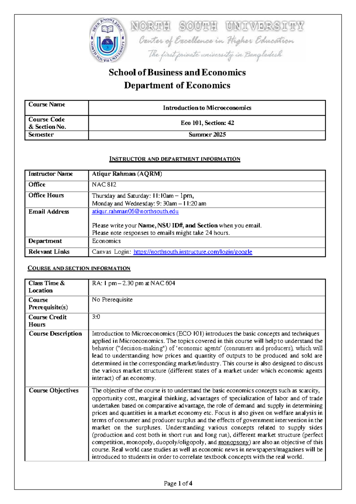 ECO 101 - Introduction to Microeconomics Course Outline Summer 2025 ...