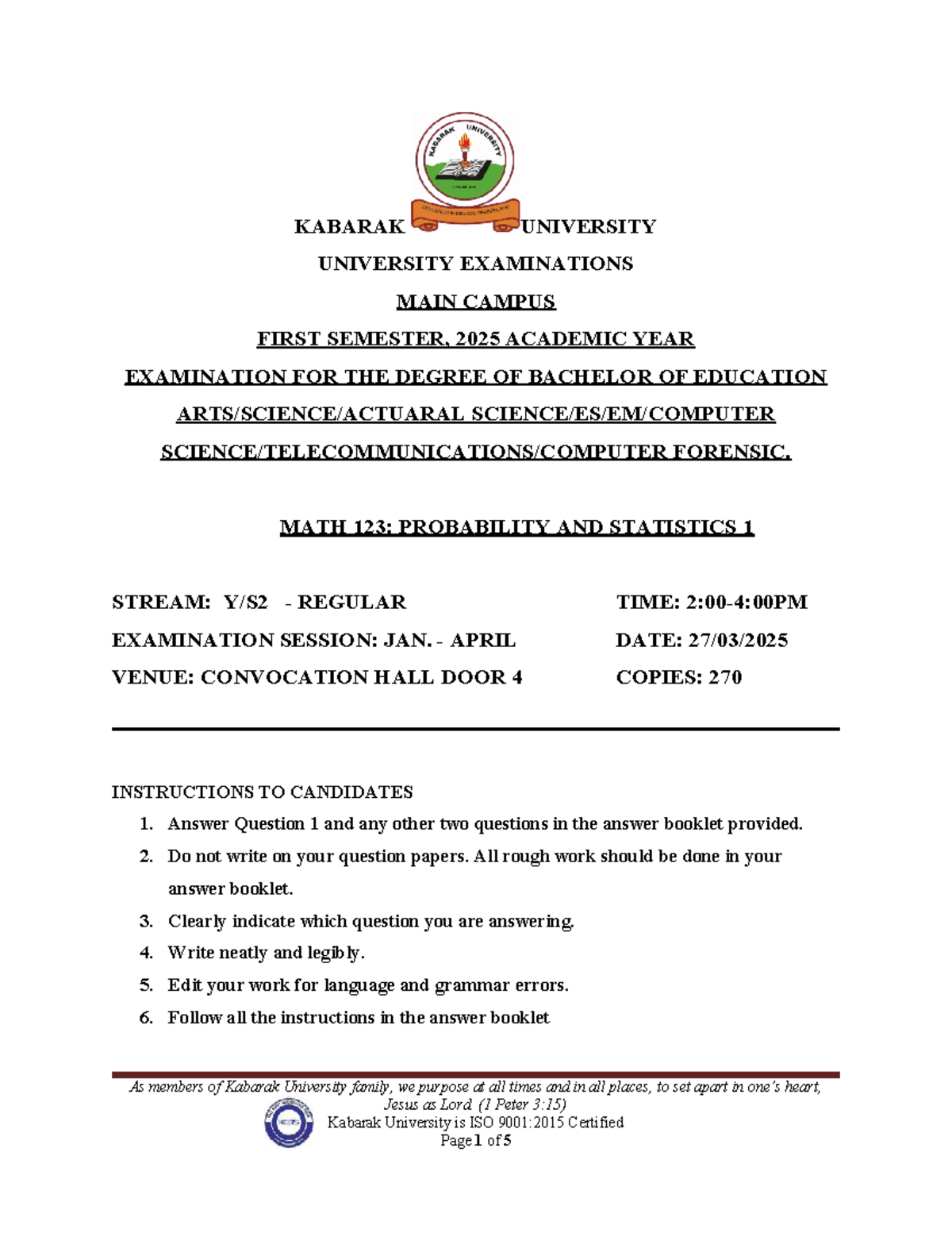 MATH 123: Probability and Statistics 1 - Kabarak University Exam 2025 ...