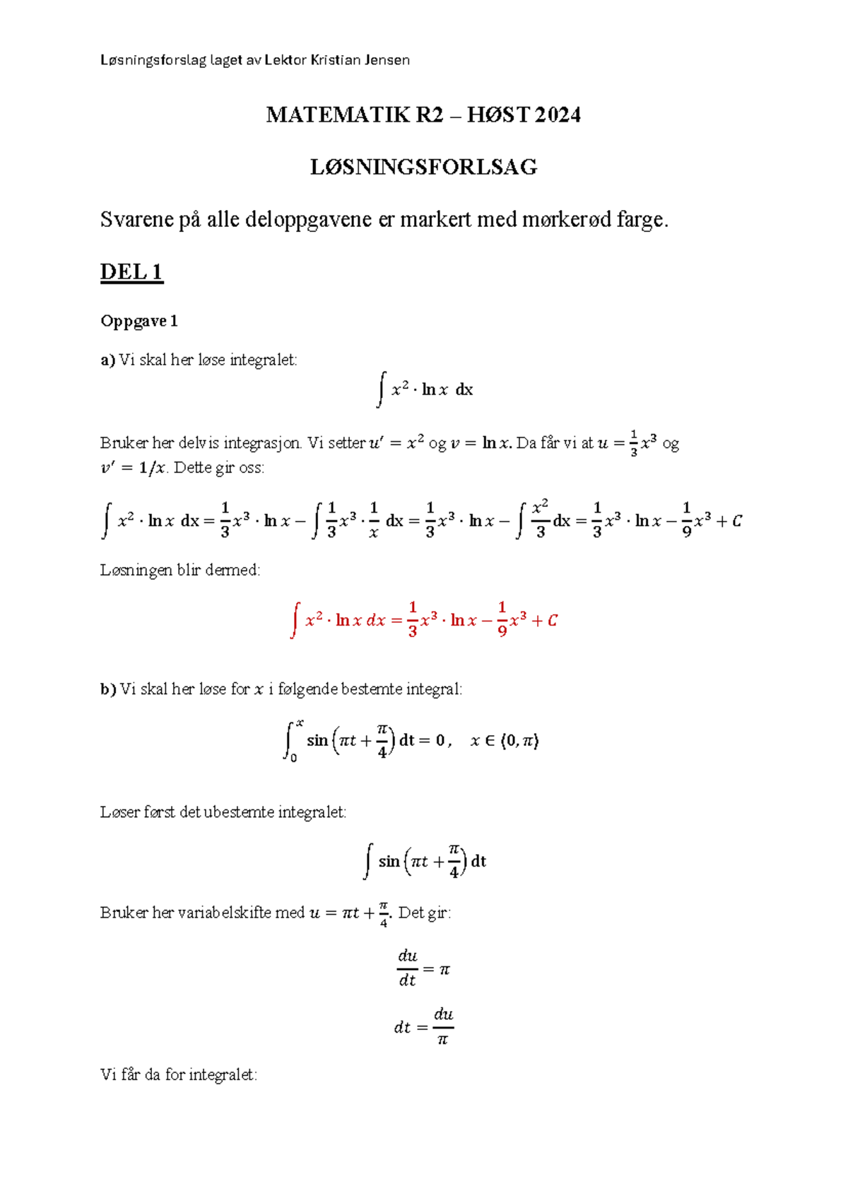 R2 Høst2024 Løsningsforslag til Matematikkoppgaver - Studocu