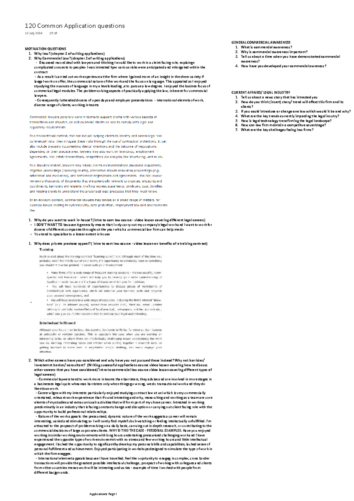 120 Common Application Questions: Insights for Law Careers - Studocu