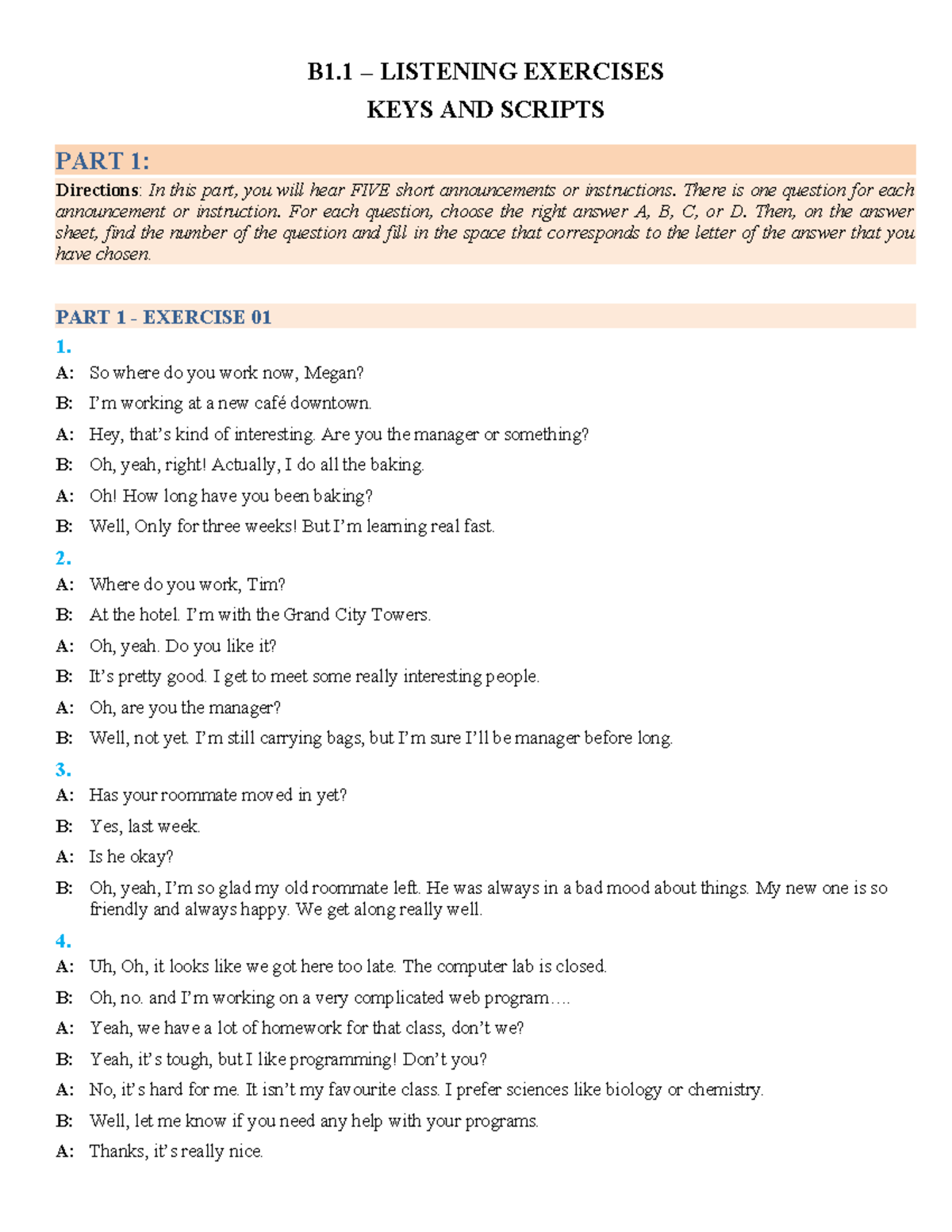 B1.1 Listening Exercises: Keys & Scripts for All Parts - Studocu