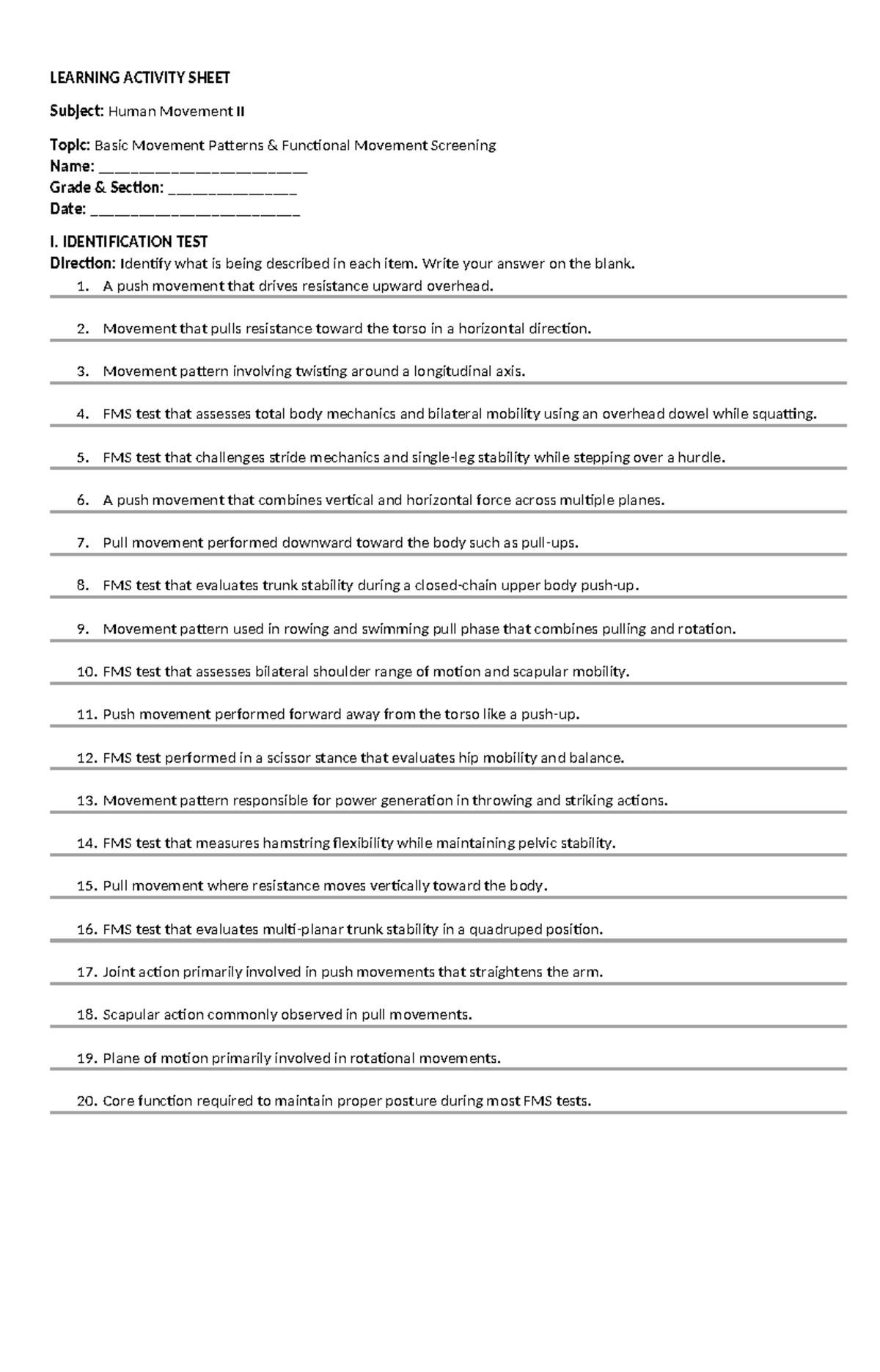 Human Movement II: Basic Movement Patterns & FMS Identification - Studocu