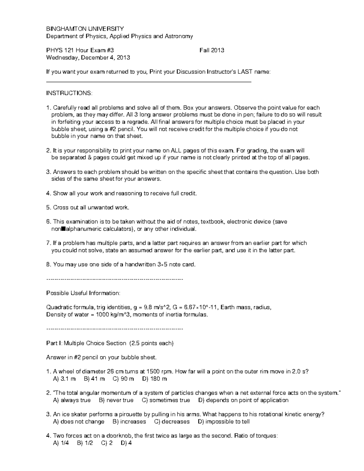 PHYS 121 Fall 2013 Hour Exam - Binghamton University - Studocu