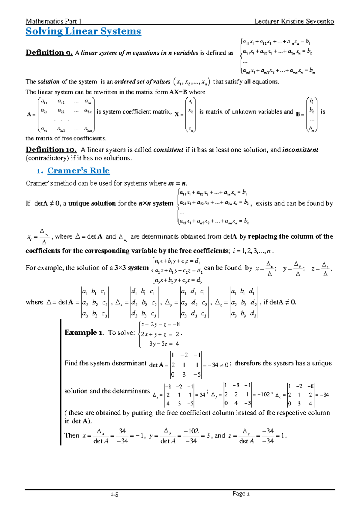 Mathematics Part 1: Linear Systems, Cramer's Rule & Matrix Method Notes ...