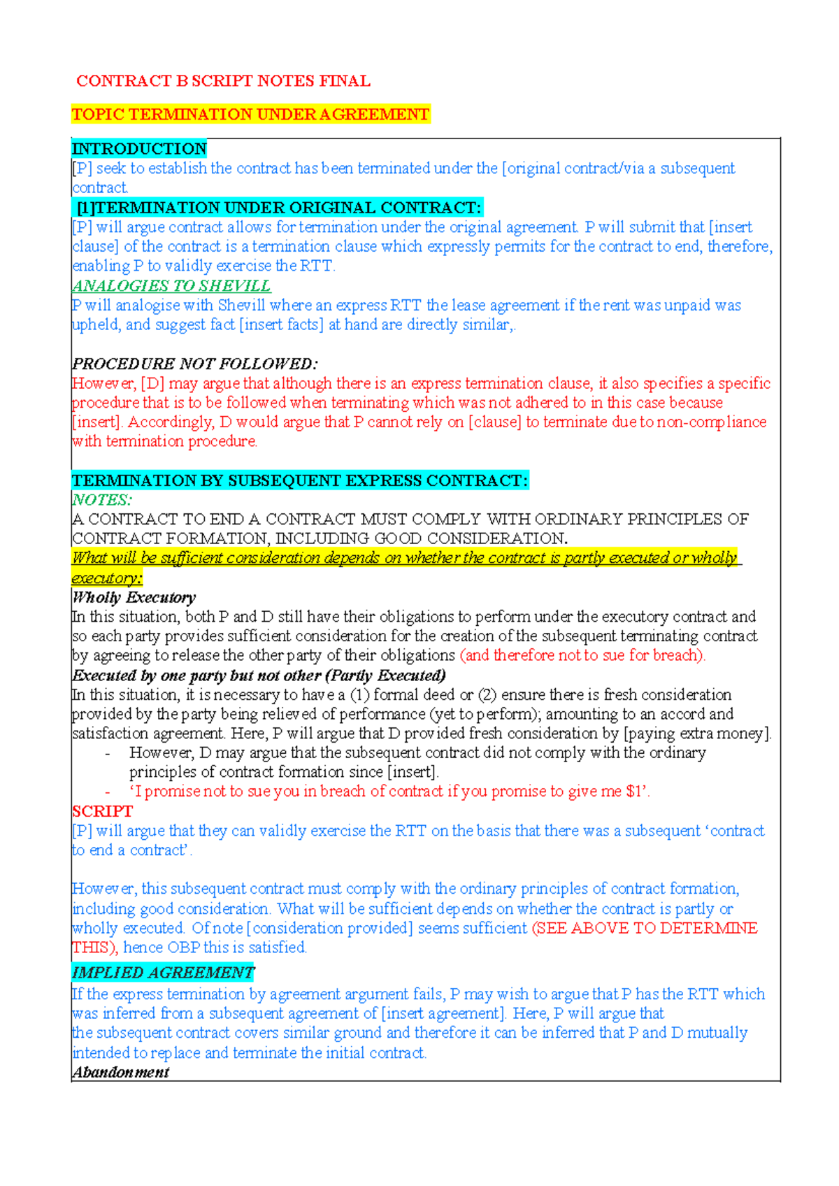 Contract B - Script Notes: Final Exam on Termination Under Agreement ...