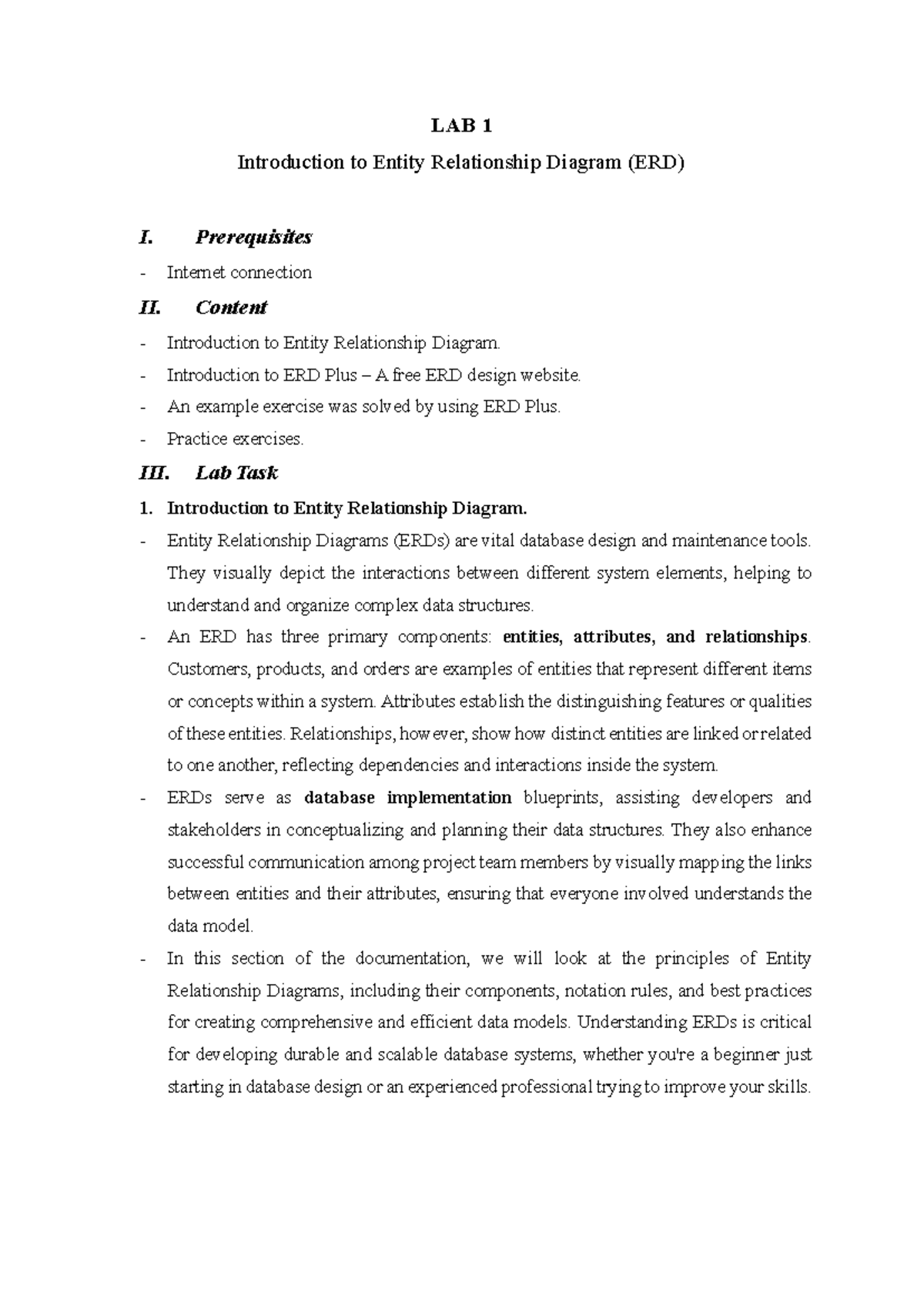 LAB 1: Introduction to Entity Relationship Diagrams (ERD) and ERD Plus ...