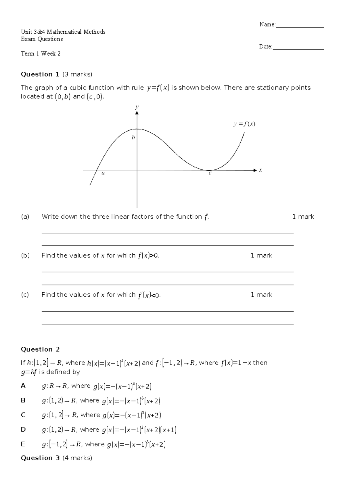 Exam Questions Term 1 Week2-4 - ####### Name ...